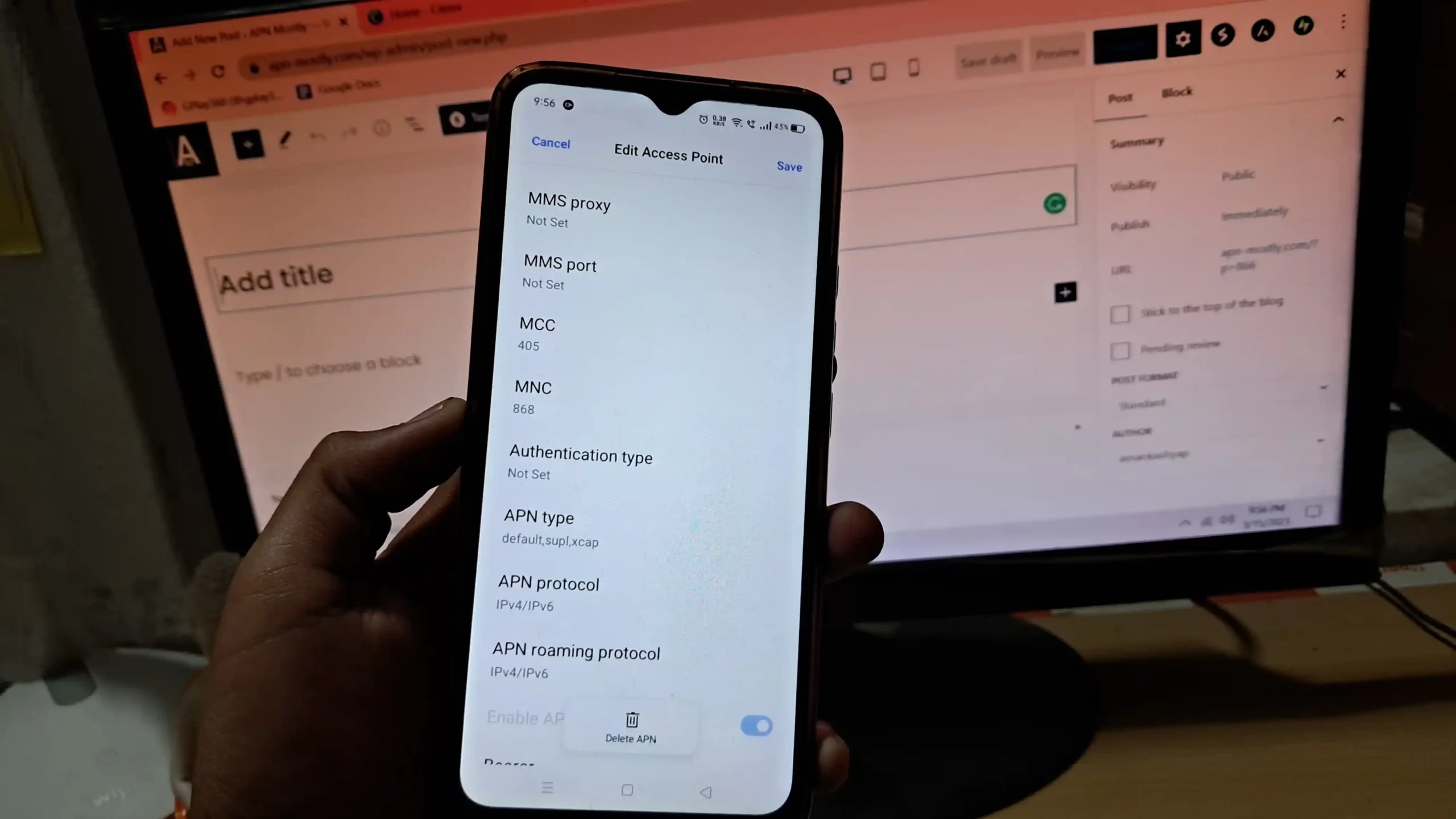 apn settings where all the other aspects are shown as authentication type