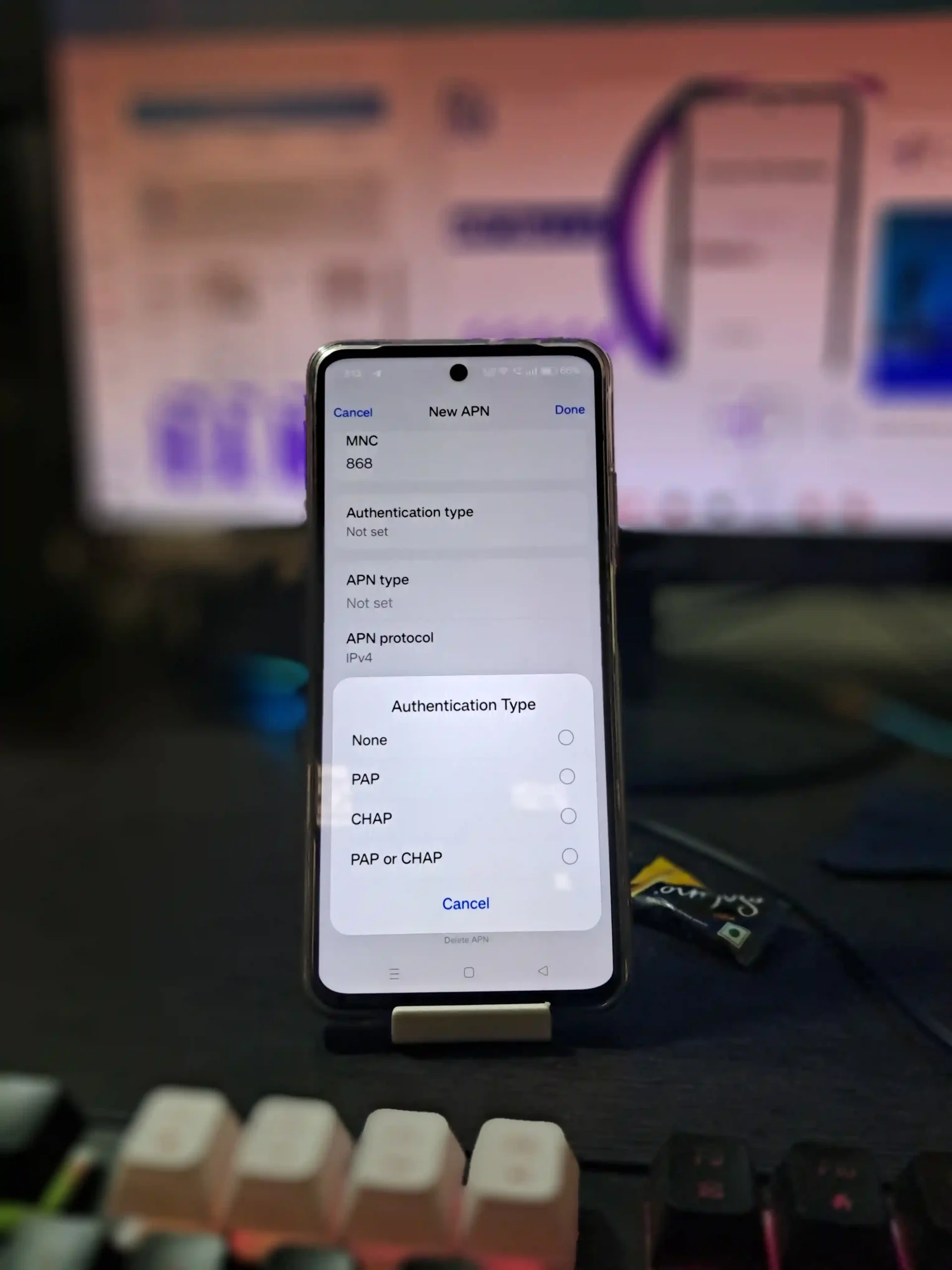 image of image of android in hands with authentication type menu opened with pap and chap selection