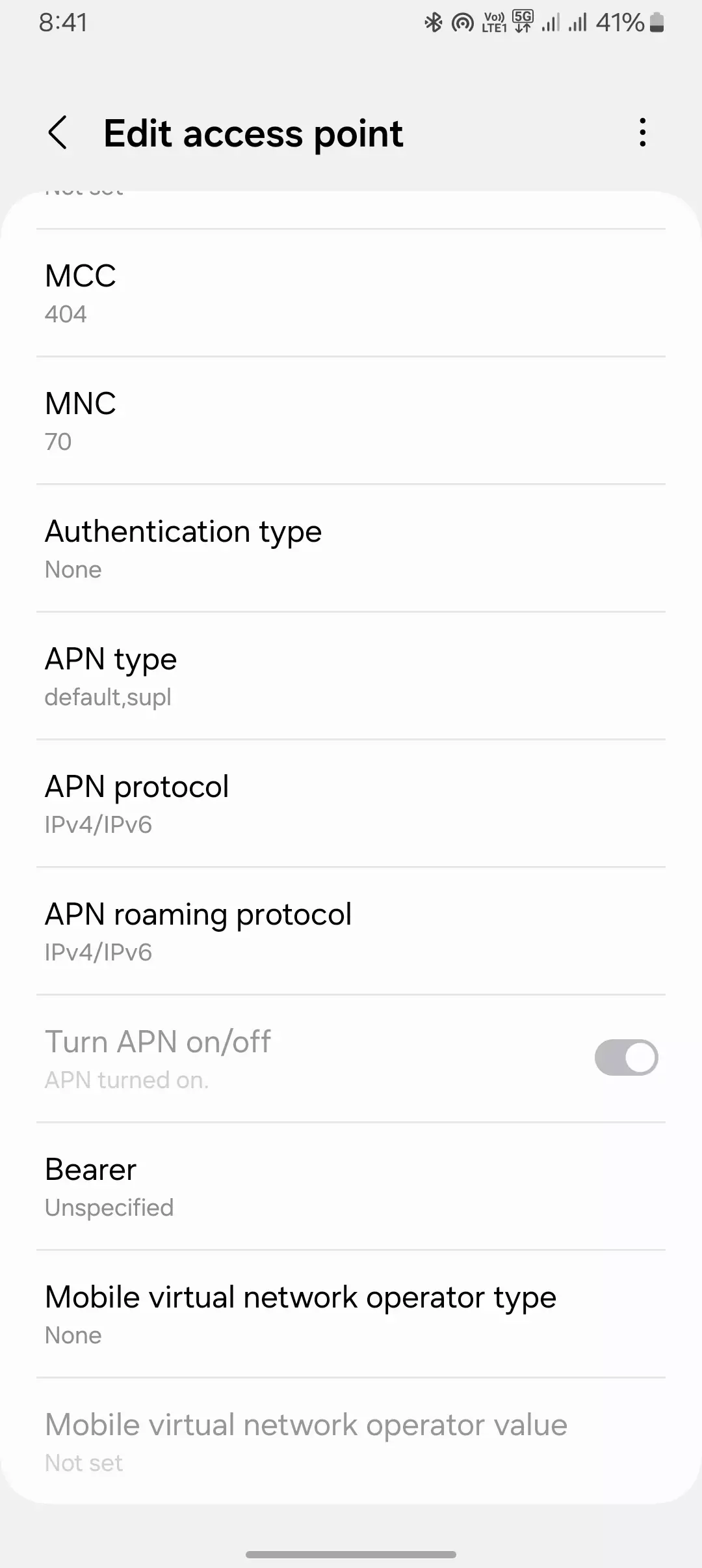 screenshot of edit access point names with mcc and mnc on the top