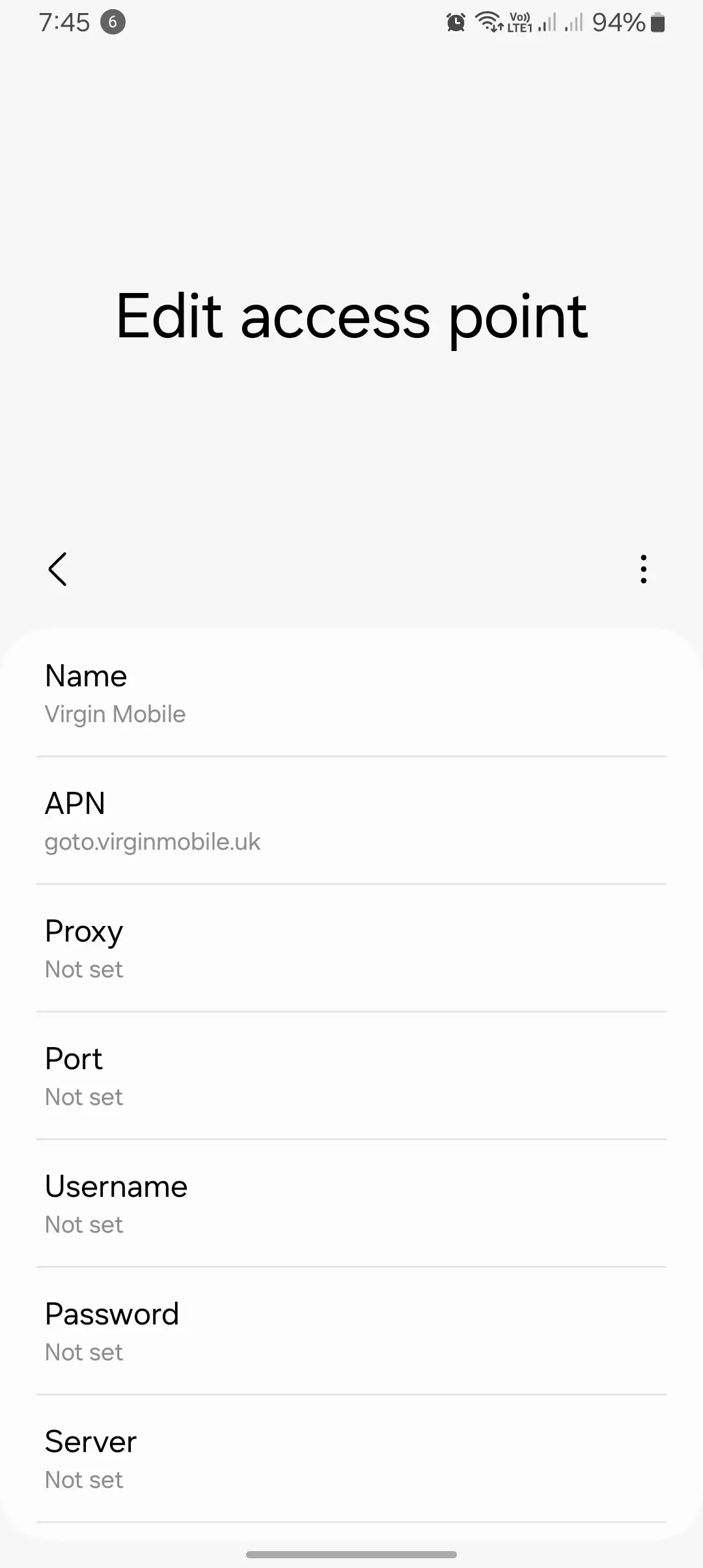 screenshot of the edit access point menu from the android with configuring the virgin mobile