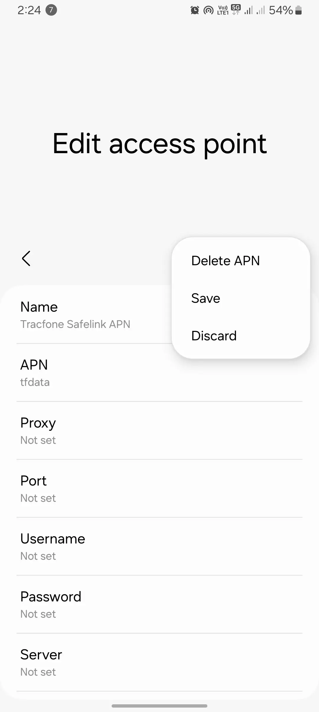 screenshot of the edit access point with delete apn save and discard options for the tracfone safelink configurations