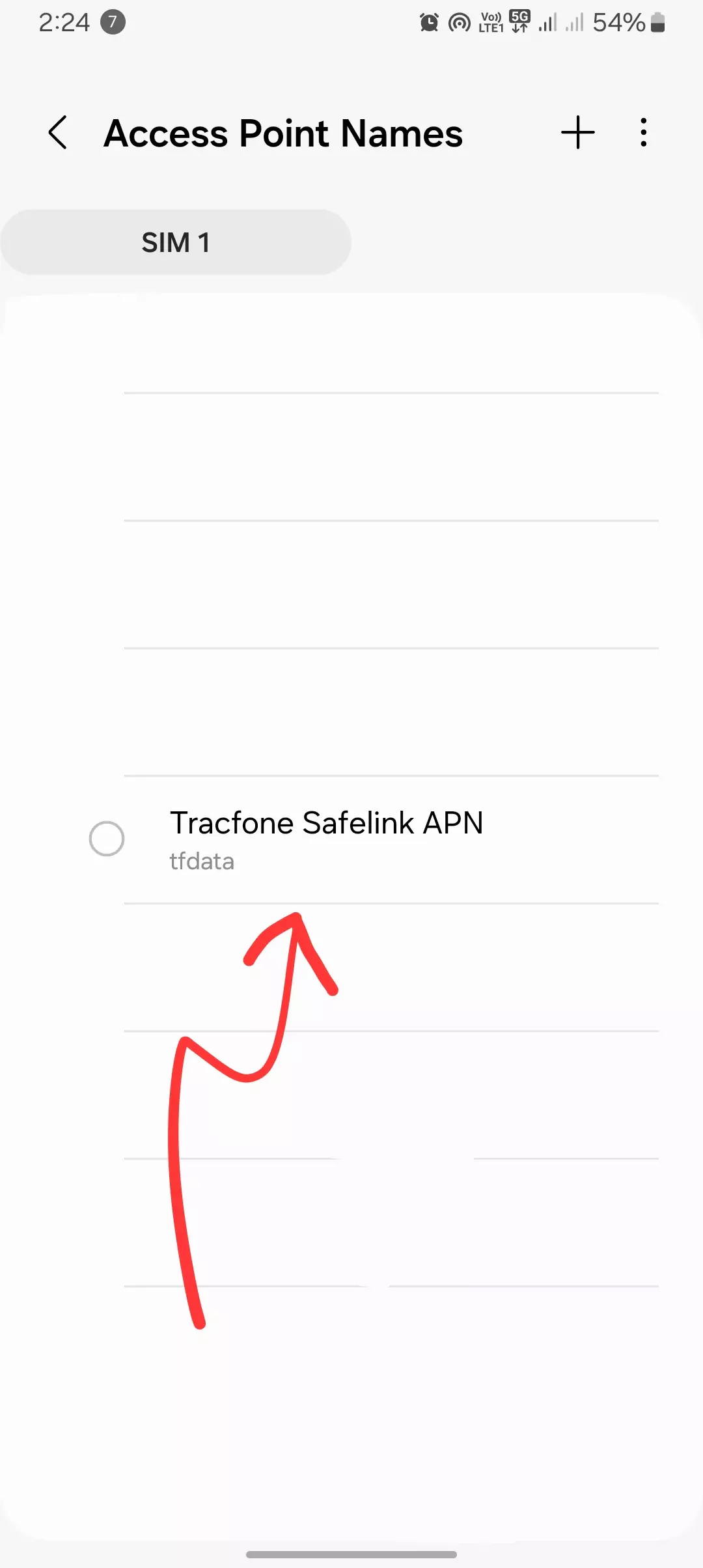 screenshot of Access point name list settings from the android with only tracfone safelink internet settings
