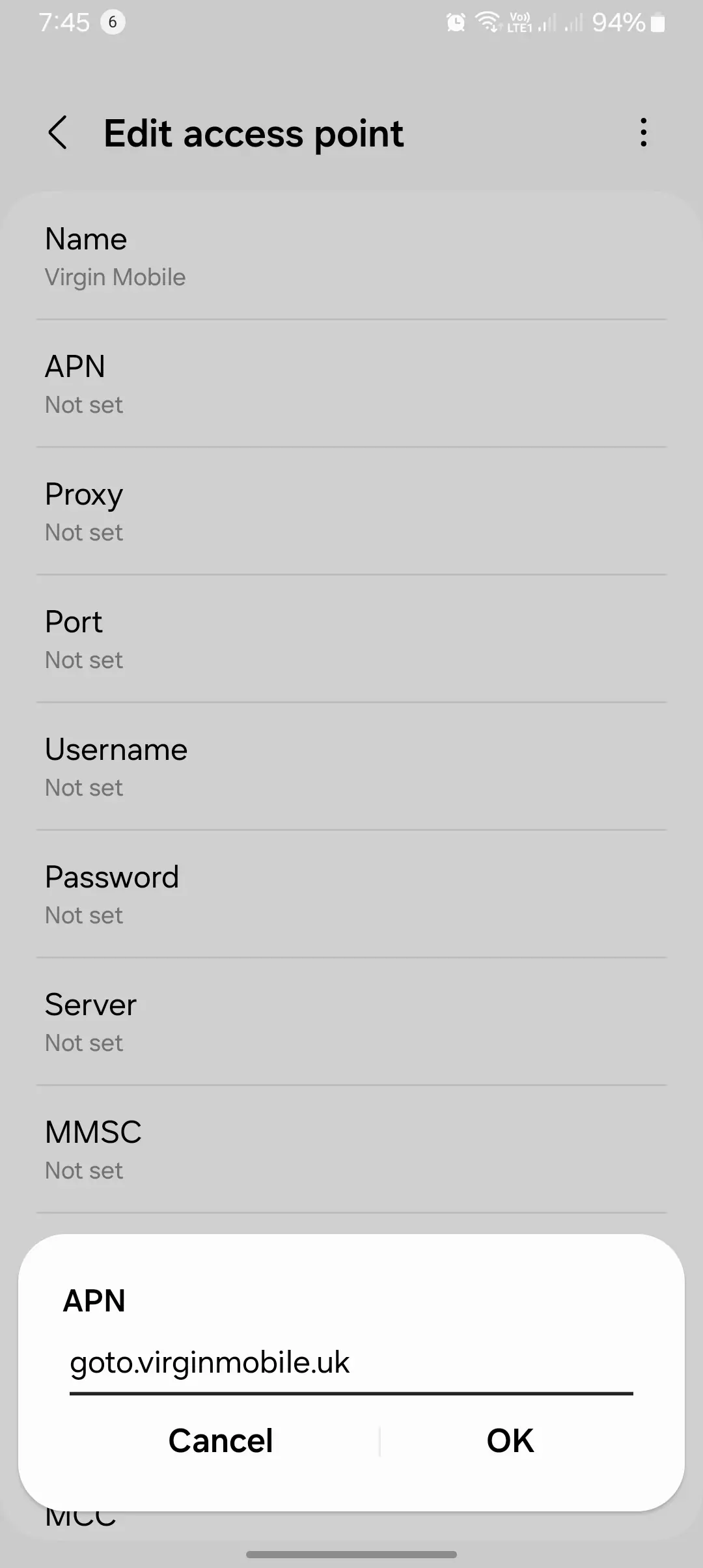 screenshot of adding the apn value for virgin mobile internet
