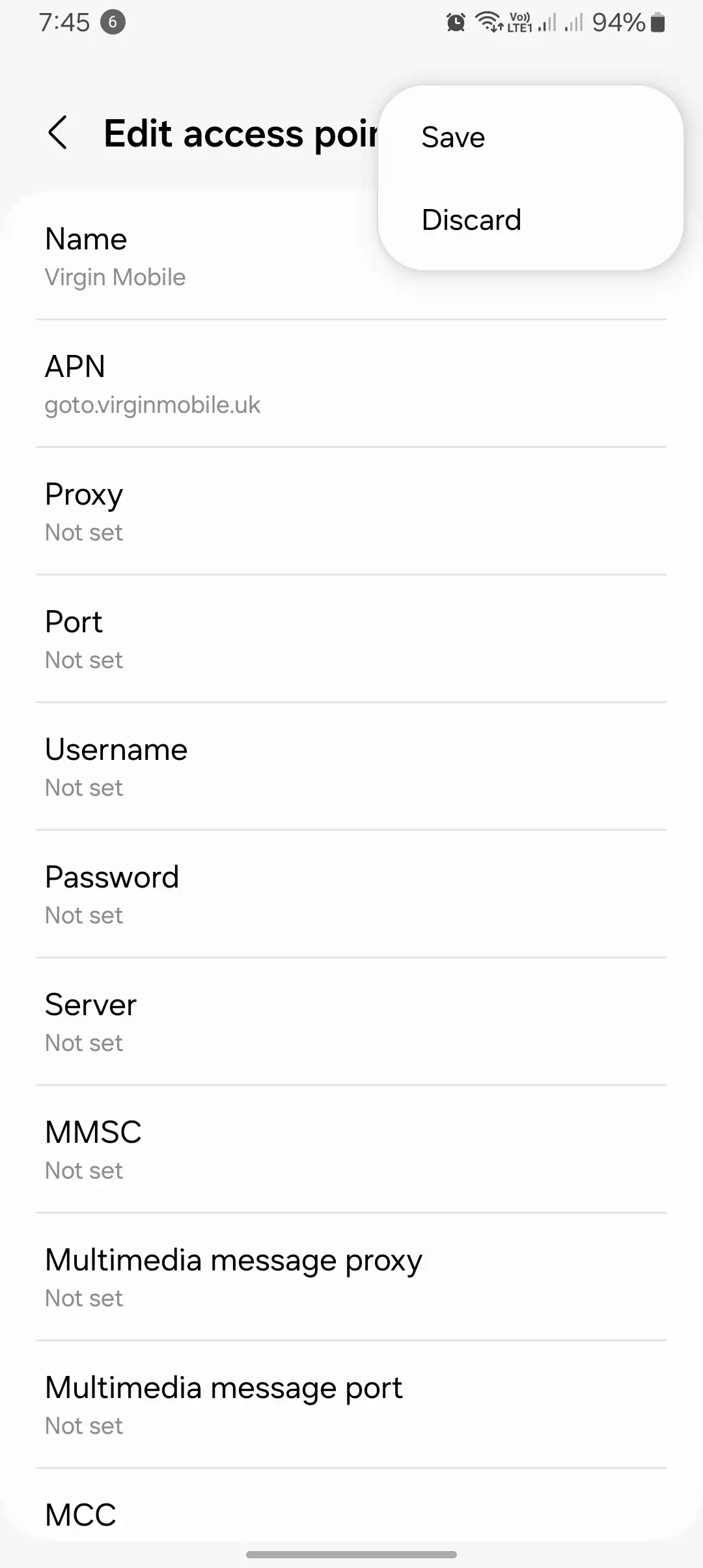 screenshot of save and discard of edit access point for the virgin