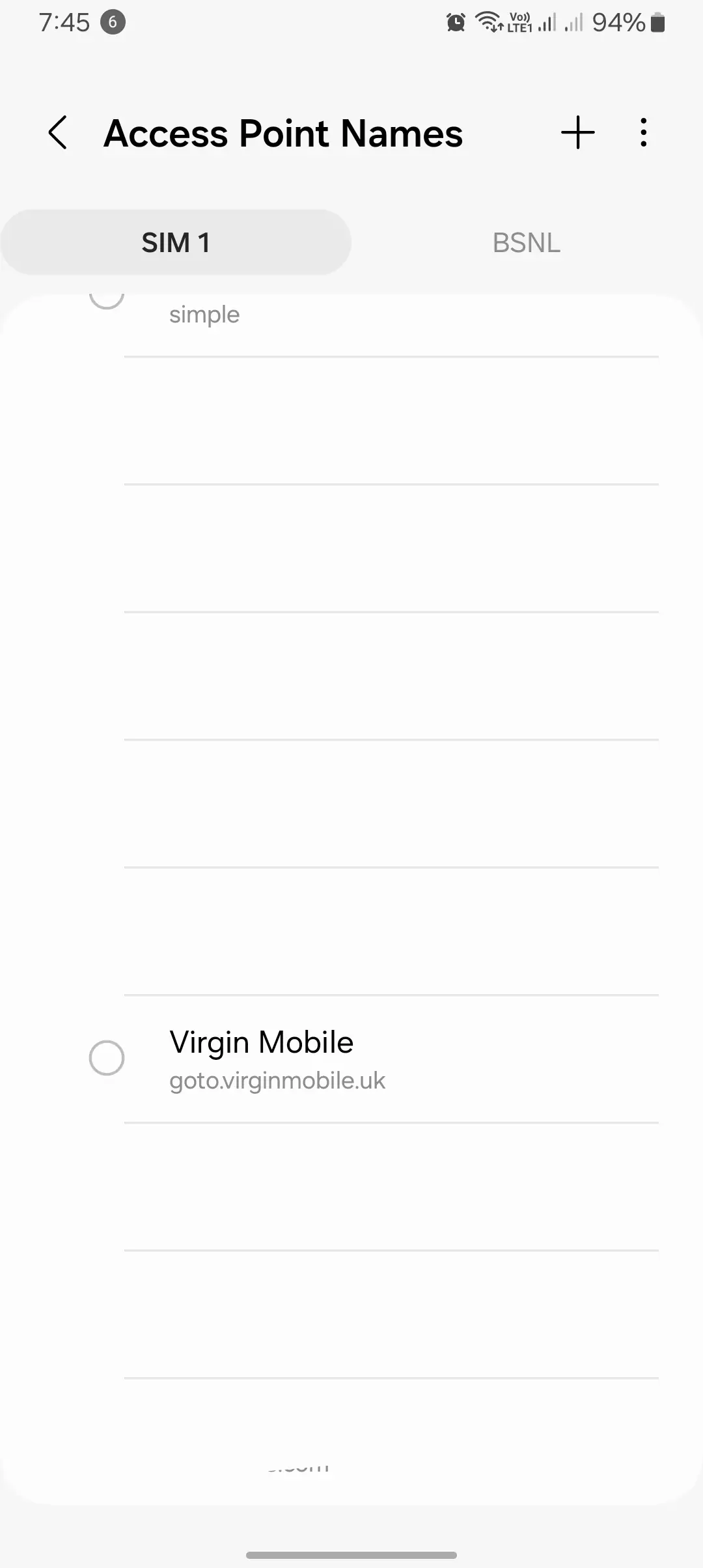 screenshot of the access point names for the virgin from the android settings