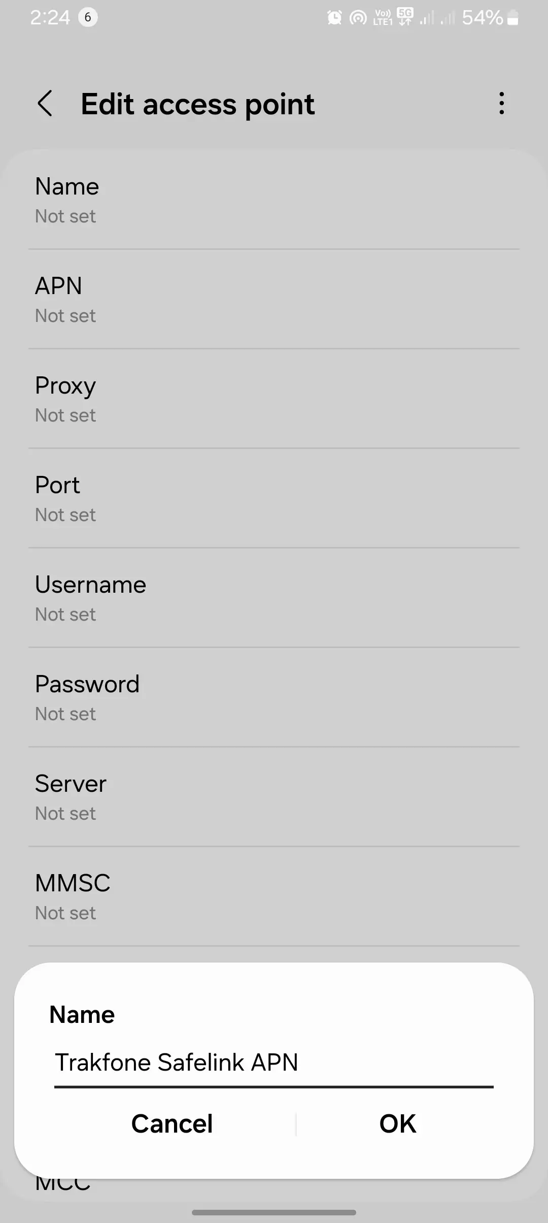 screenshot of the naming the tracfone apn in the safelink from the settings