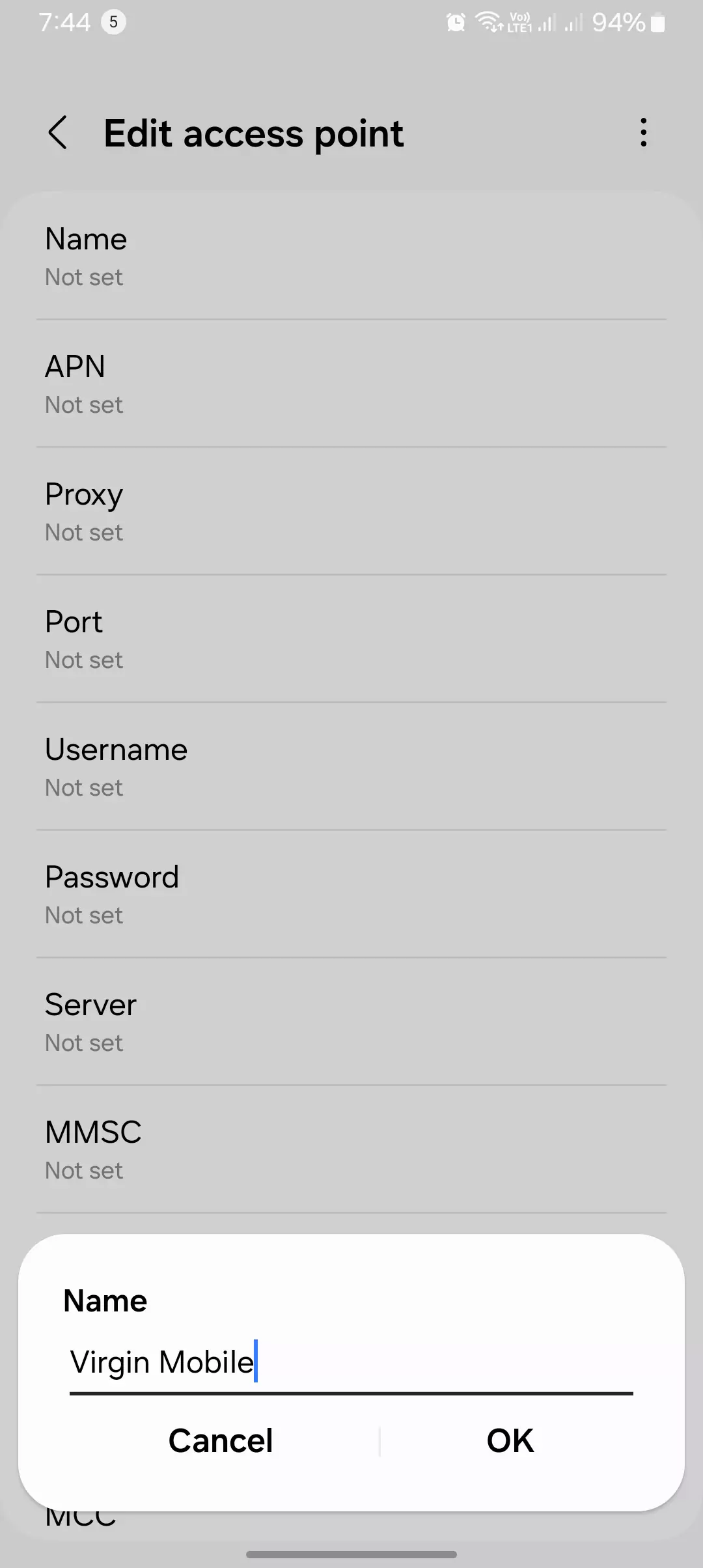 screenshot of the naming the virgin mobile apn