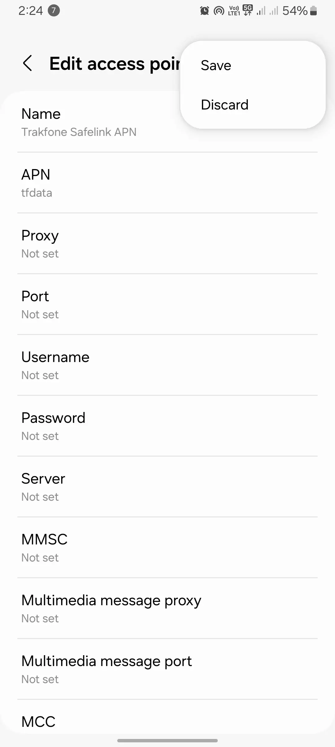 screenshot of the save and discard buttons for the edit APN for tracfone safelink