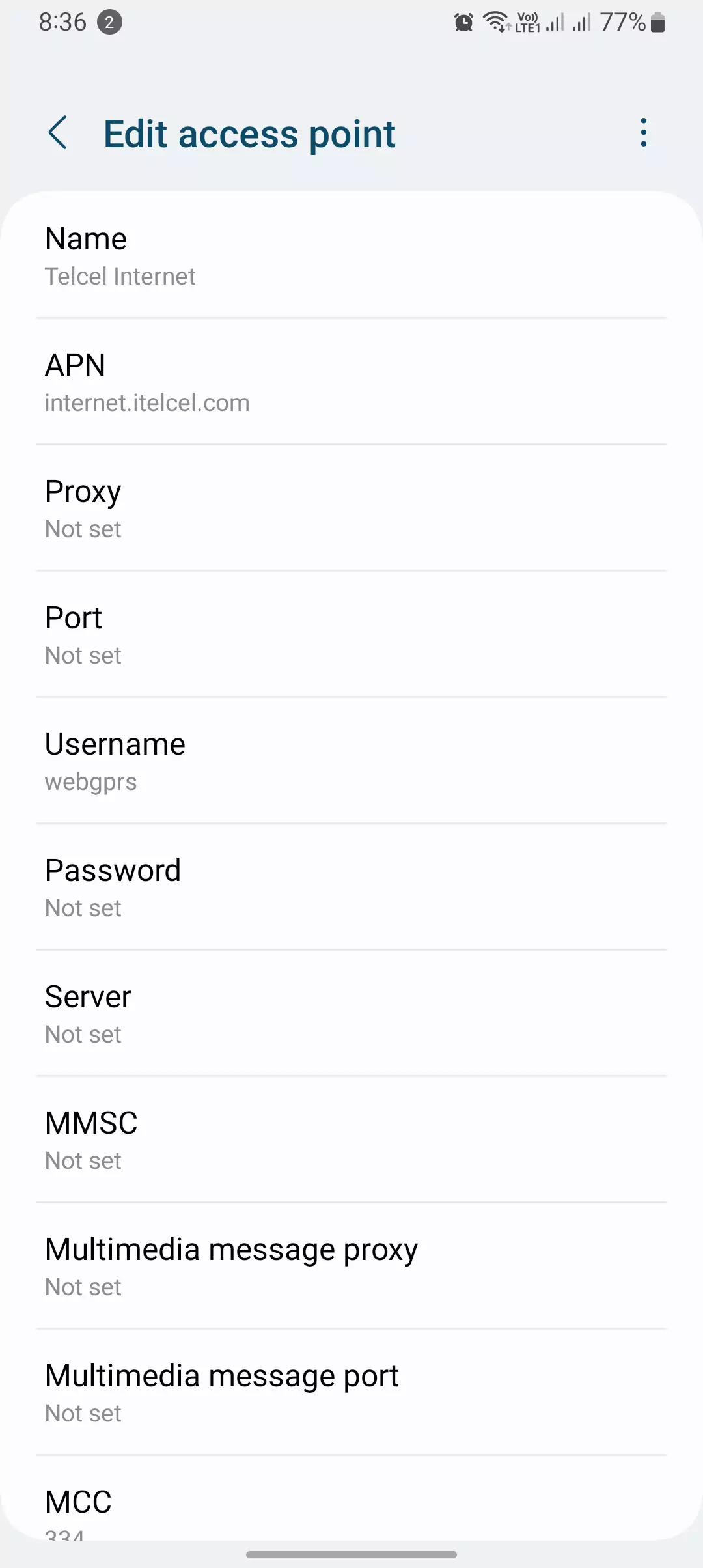 screenshot of telcel apn settings