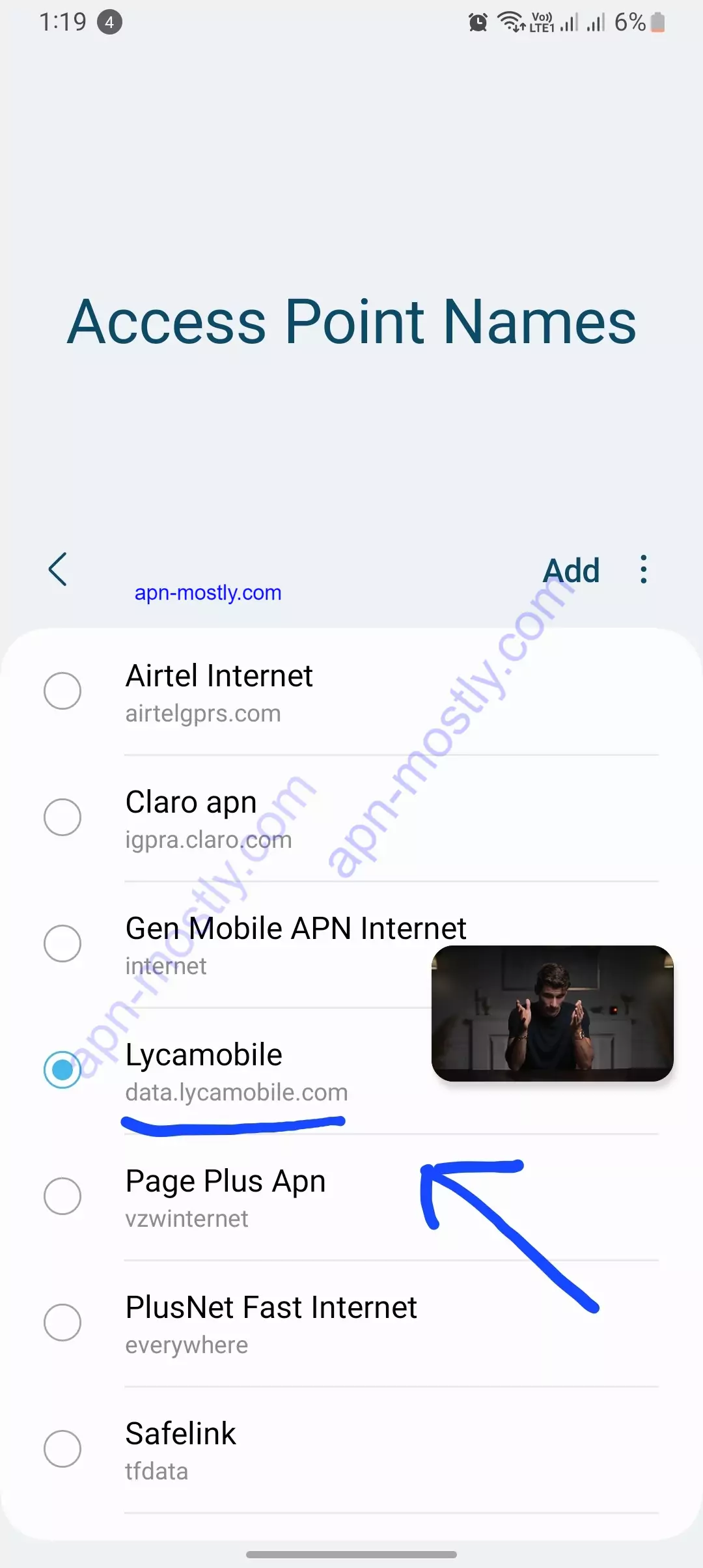 lyca from access point names highlighted with arrow