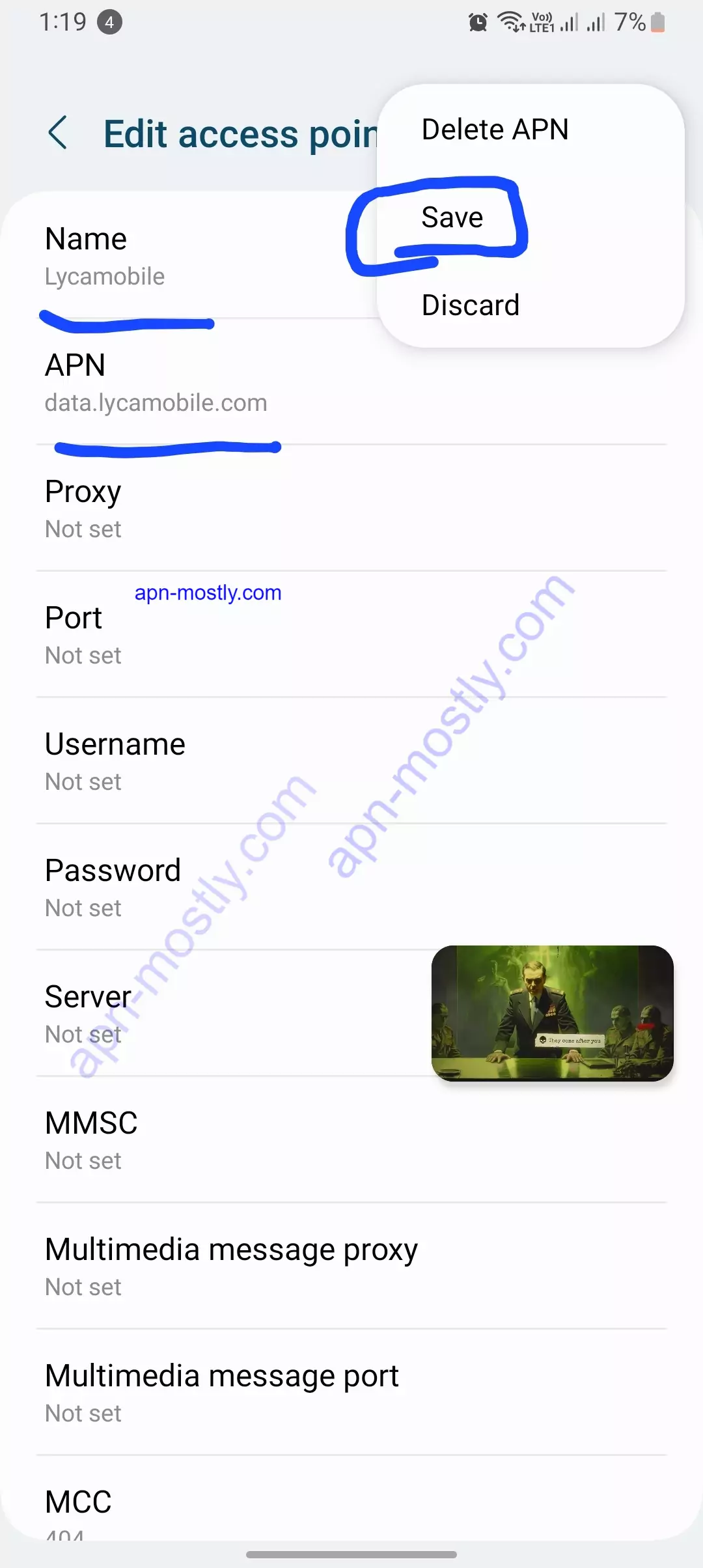 lycamobile apn with save button highlighted in the blue