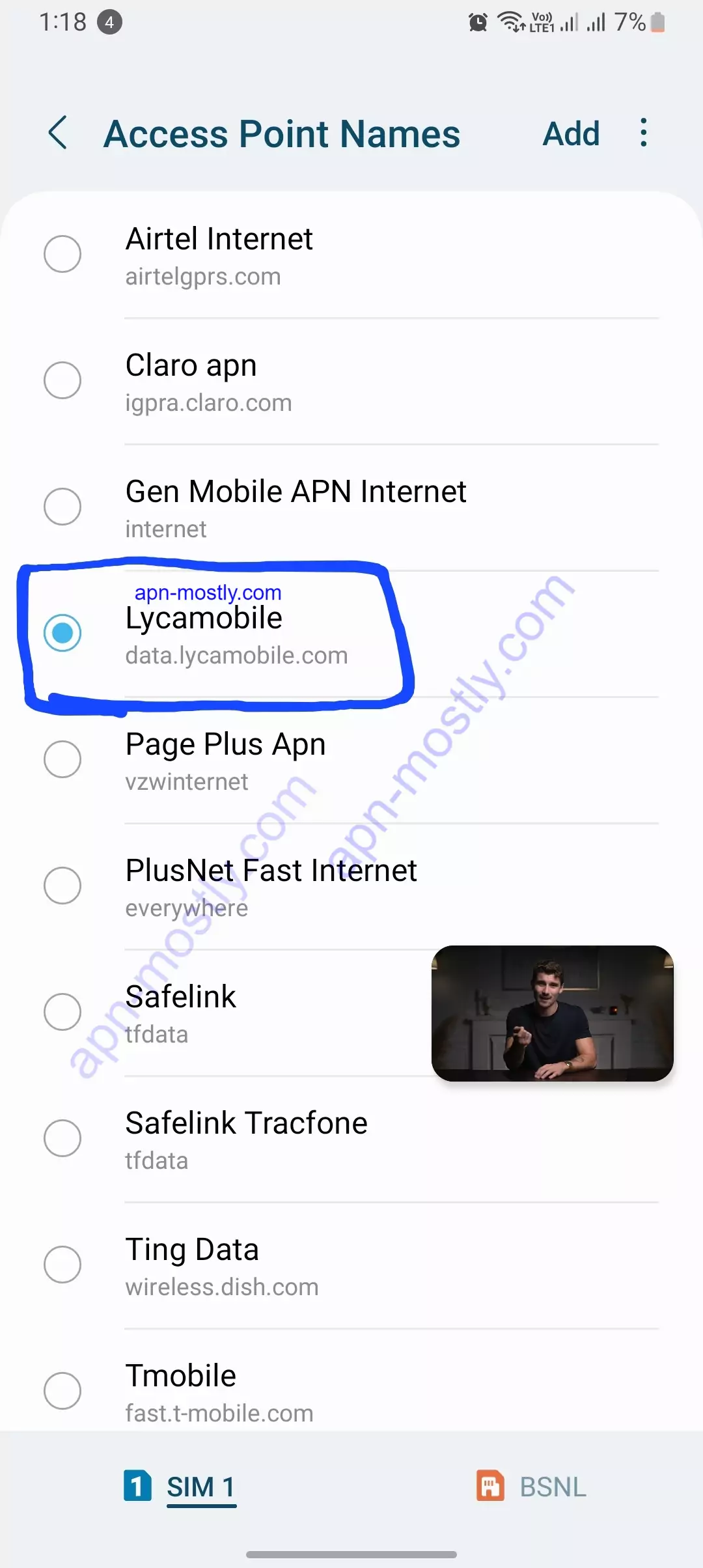 lycamobile highlighted in the apn settings