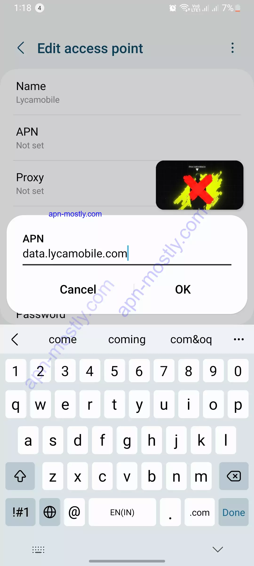 screenshot of adding detials to lycamobile apn config