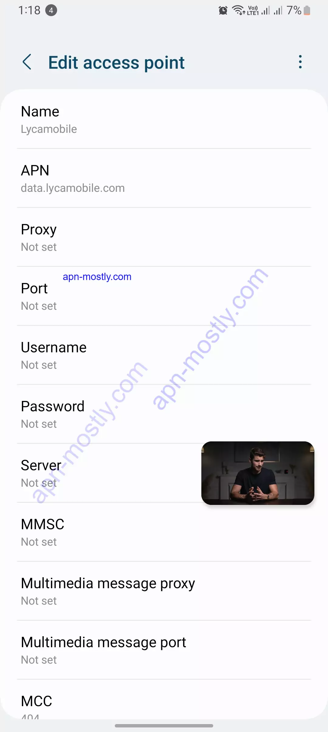 screenshot of editing the apn settings for lyca