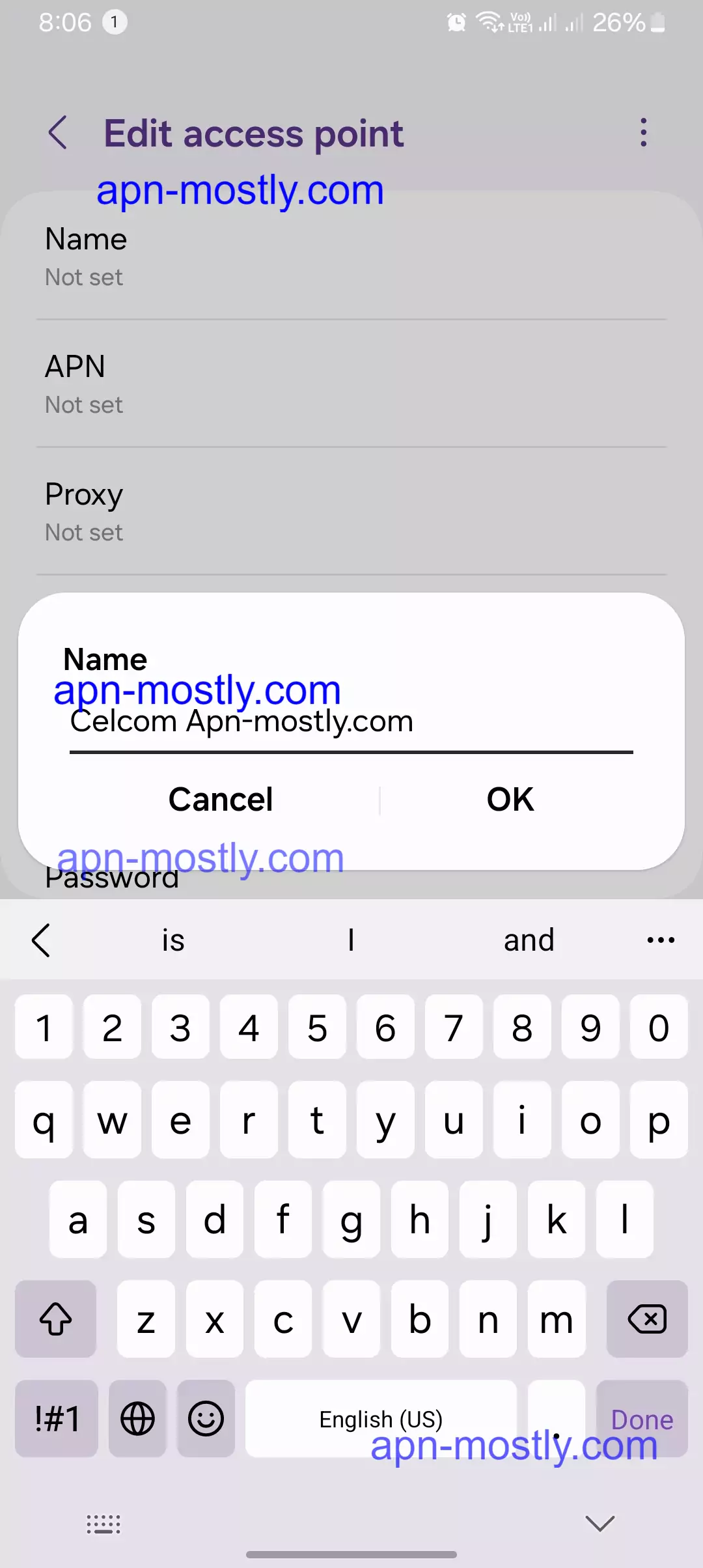 adding the name for apn to access internet on celcom