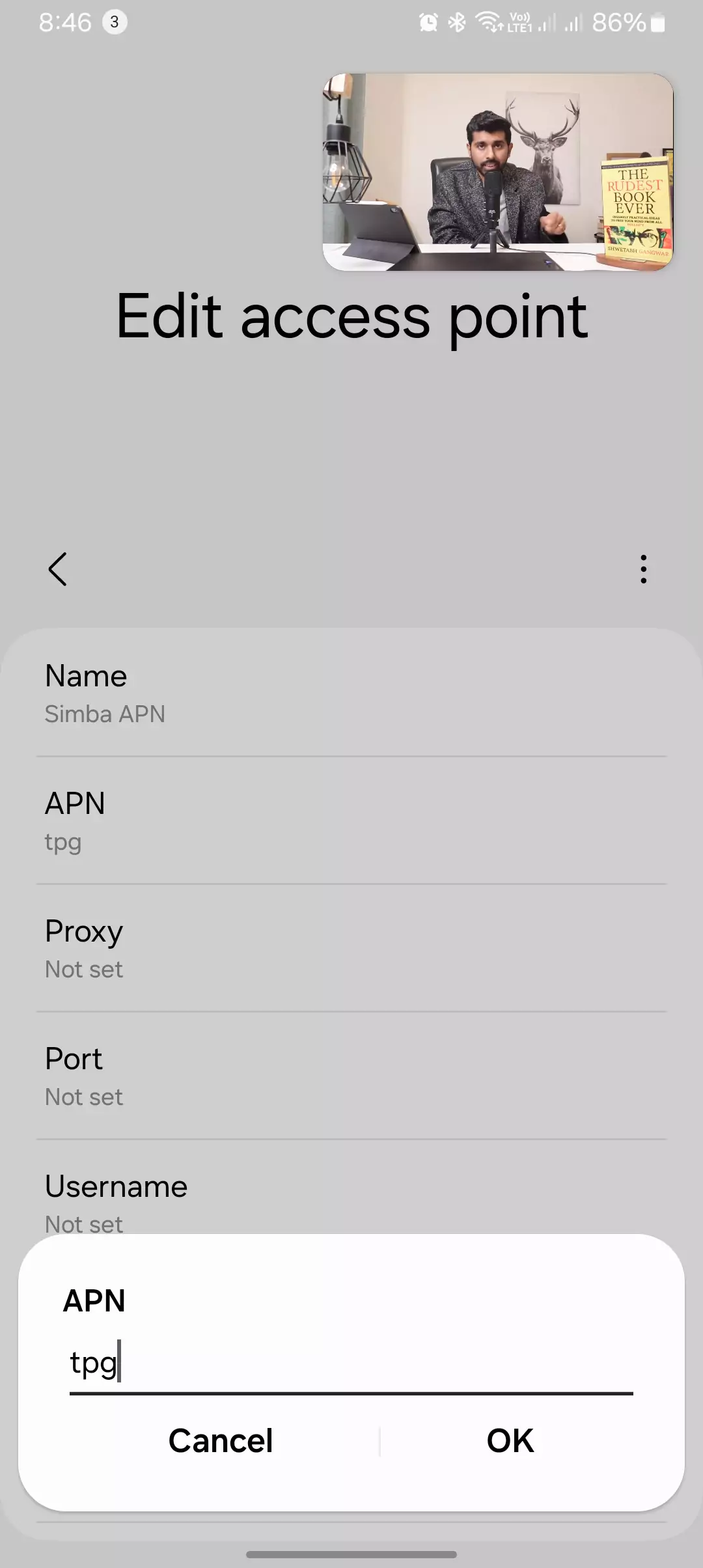 screenshot of adding the apn value for the simba pan