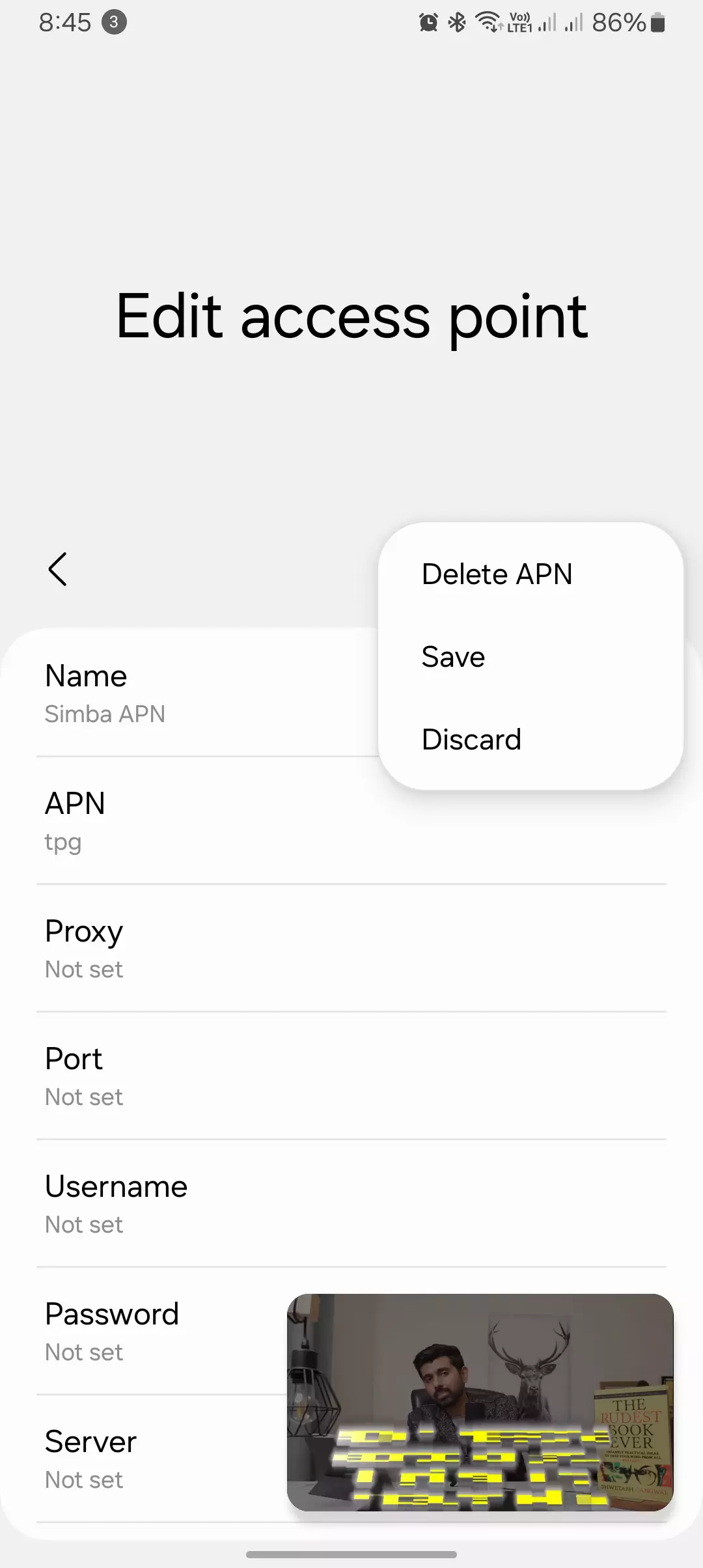 screenshot of edit access point with delete apn save and discard for simba
