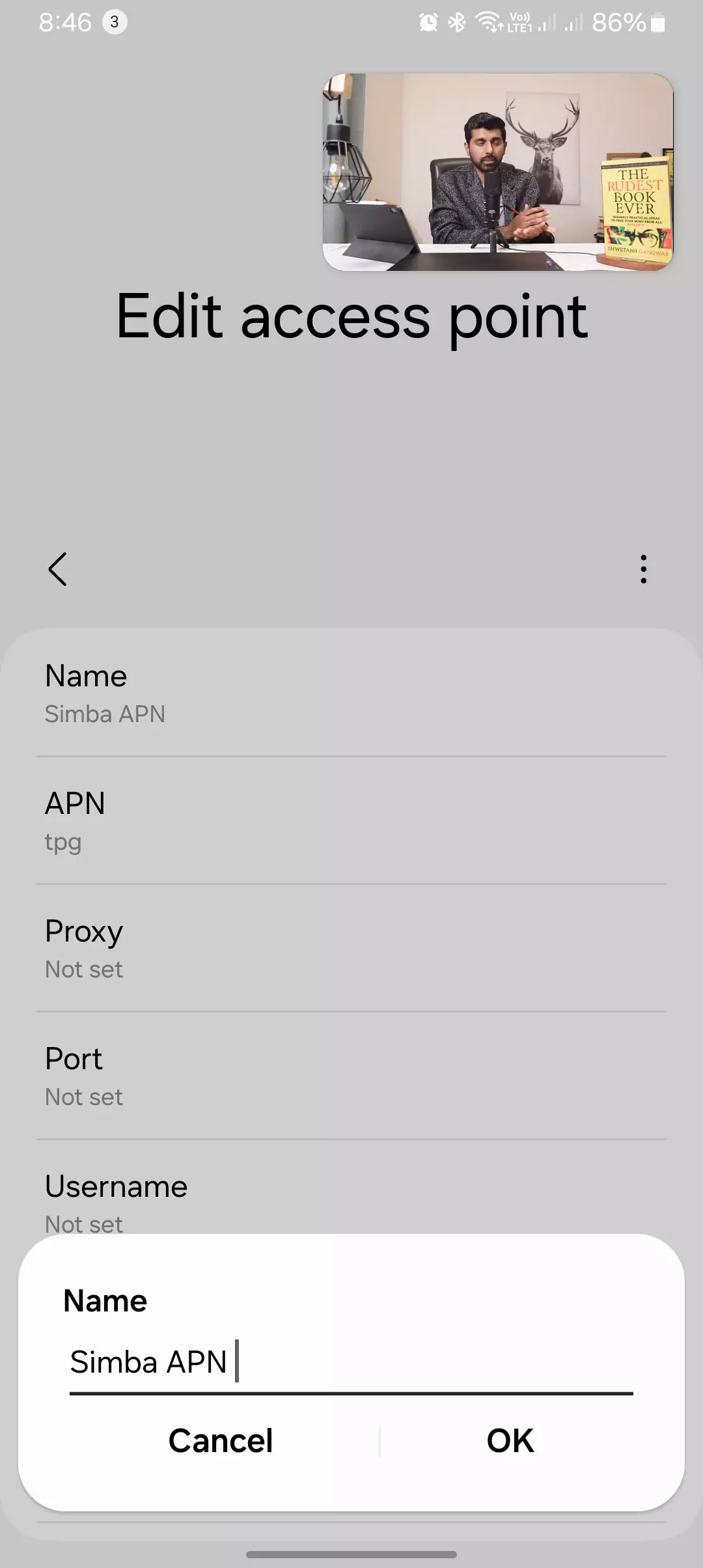 screenshot of the naming the apn for simba internet config