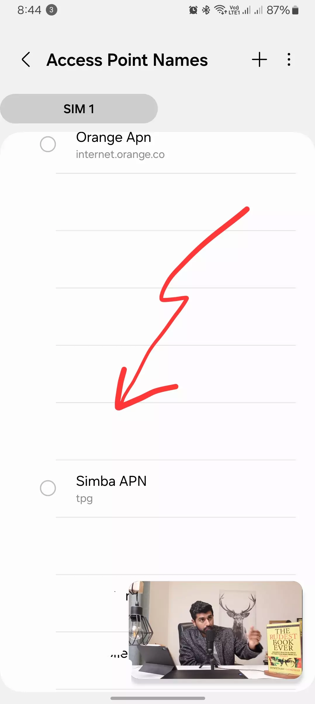 screenshot of the simba apn from the access point names settings on android
