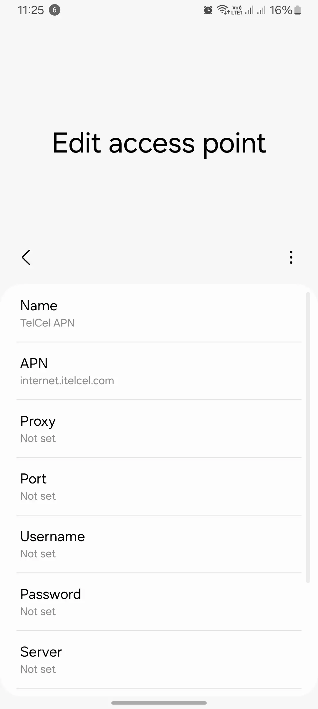 screenshot of the edit access point names for telcel apn