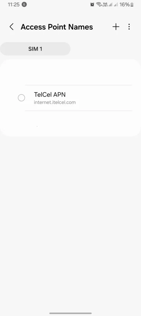screenshot of android settings of access point names menu with telcel only showing