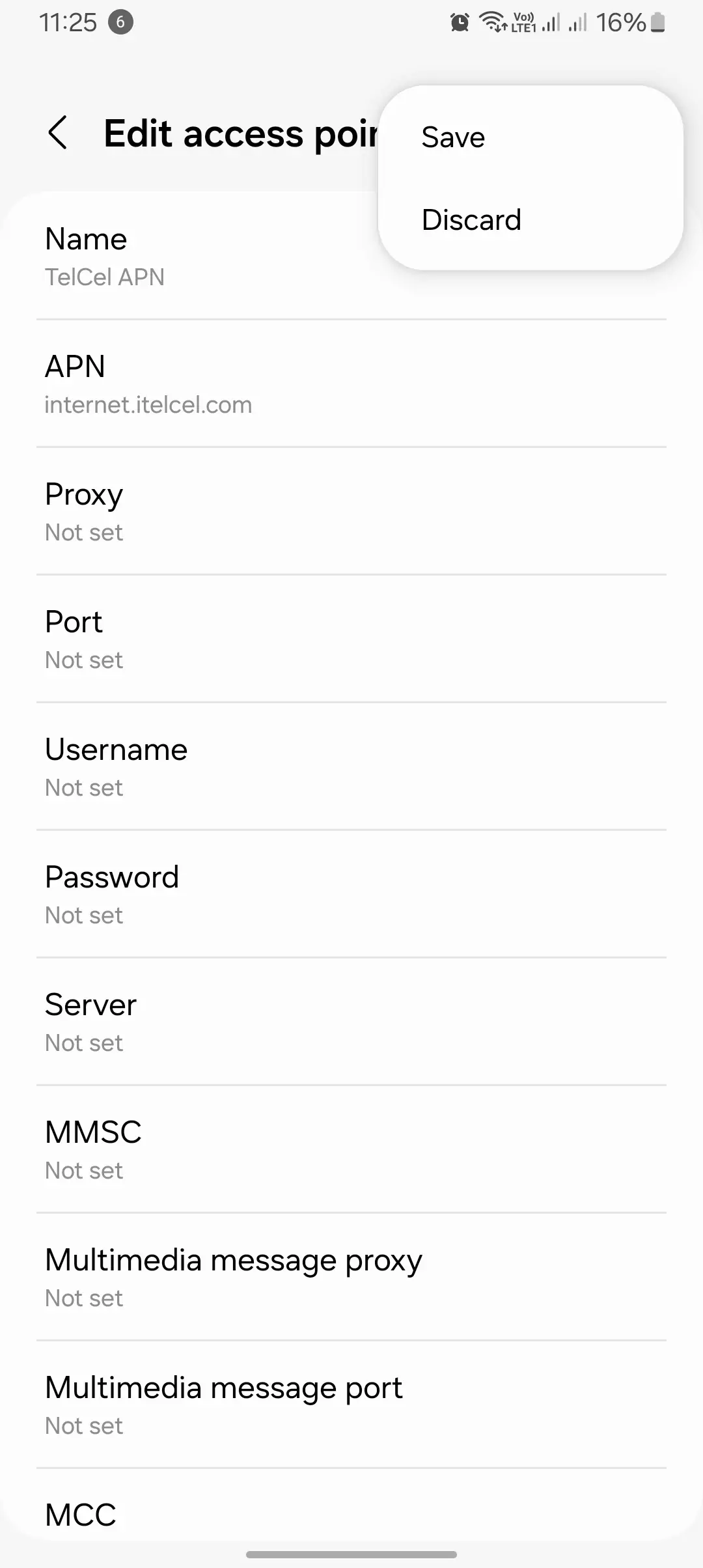 screenshot of save and discard apn for telcel