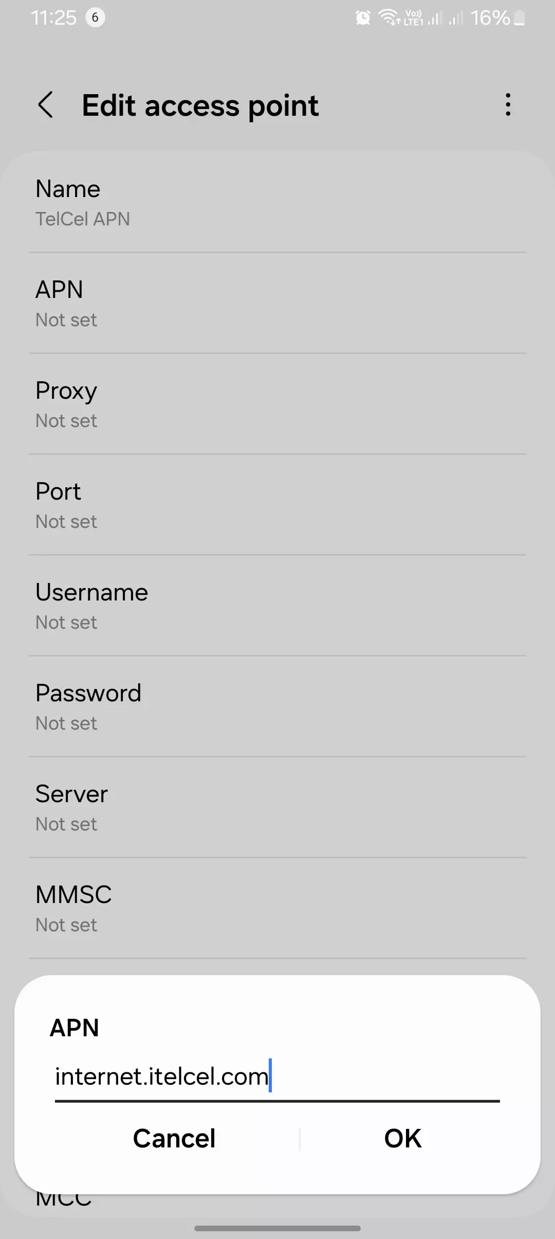 screenshot of the edit access point for telcel and adding the apn value