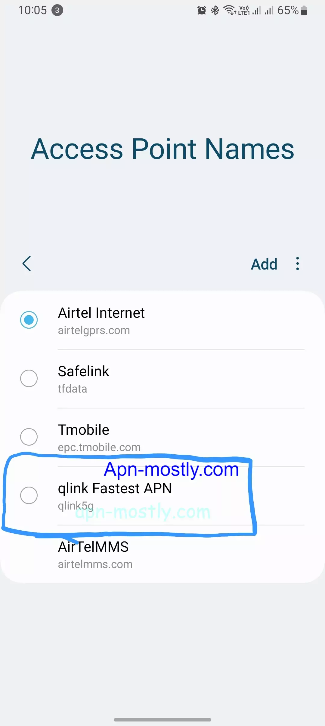 Screenshot of QLink Wireless fastest APN configuration on iOS
