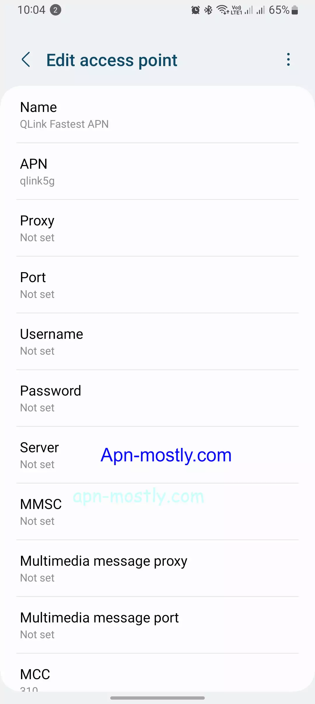 Screenshot showing optimal QLink Wireless APN settings on an Android device