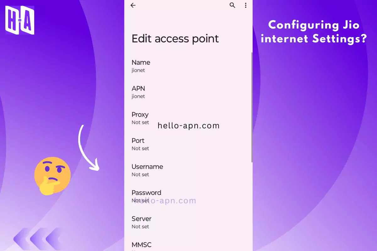 screenshot of configuring the apn for jio with same overlay text and thinking emoji