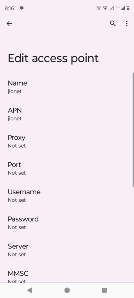 screenshot of edit access point names for jio