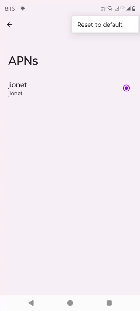 screenshot of reset to default in APNs for jionet
