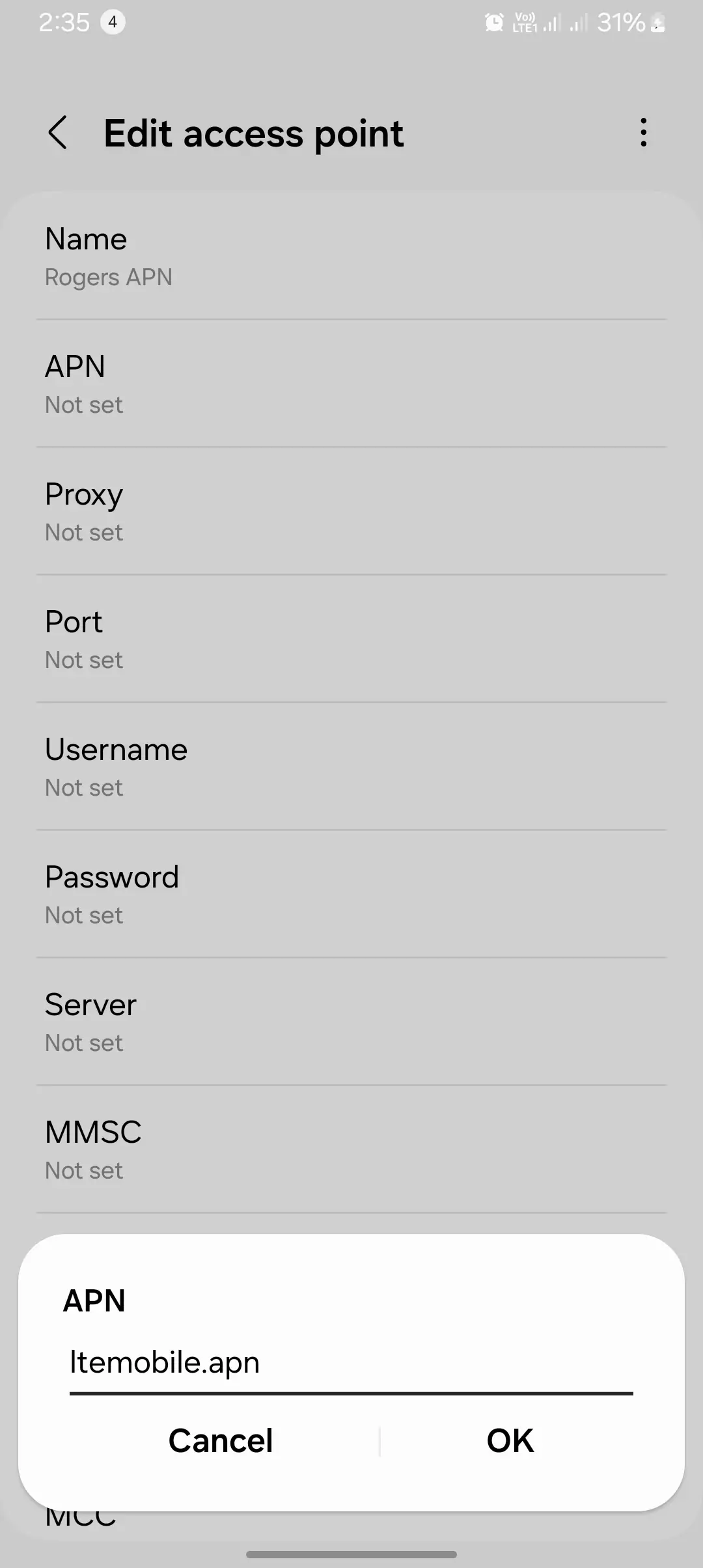 screenshot of adding the apn value into the rogers