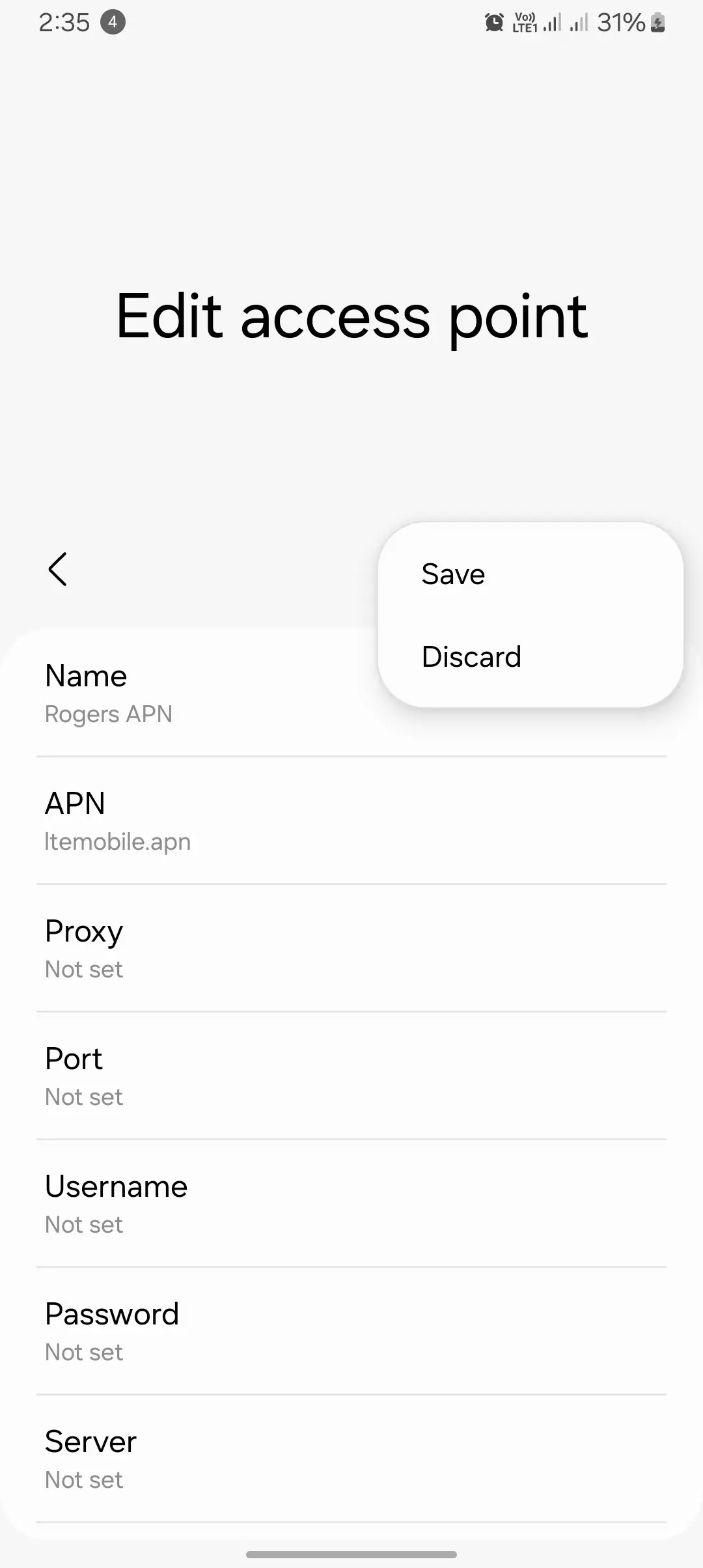screenshot of save and discard apn for roger
