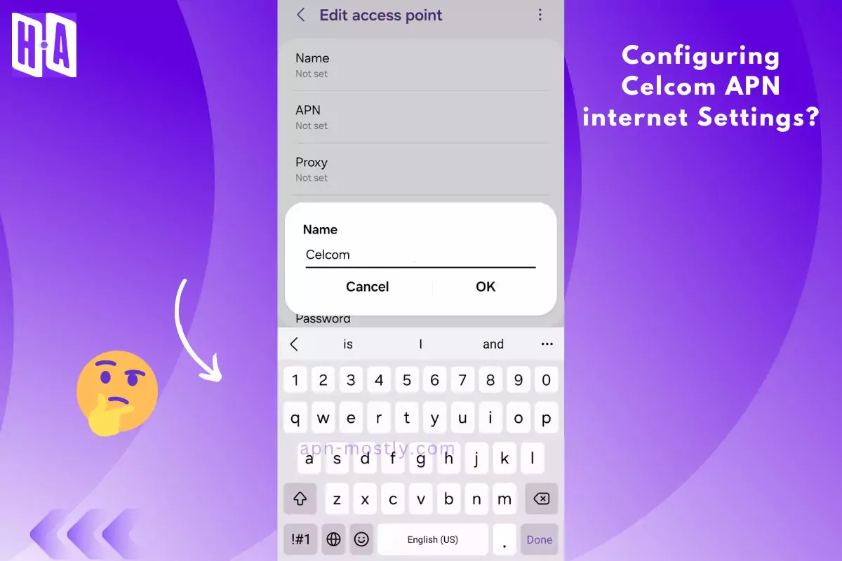 screenshot of configuring the celcom internet with same overlay text