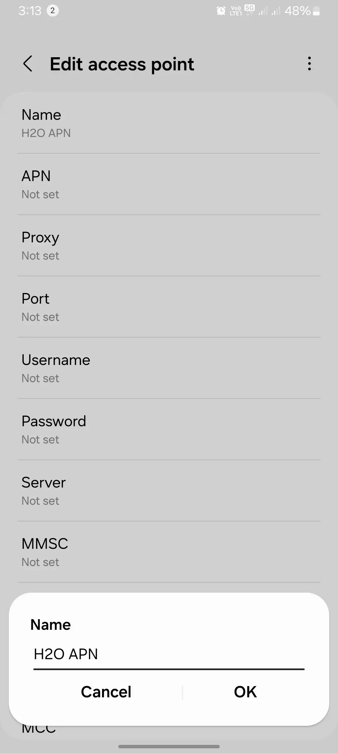 screenshot of naming the h2o apn