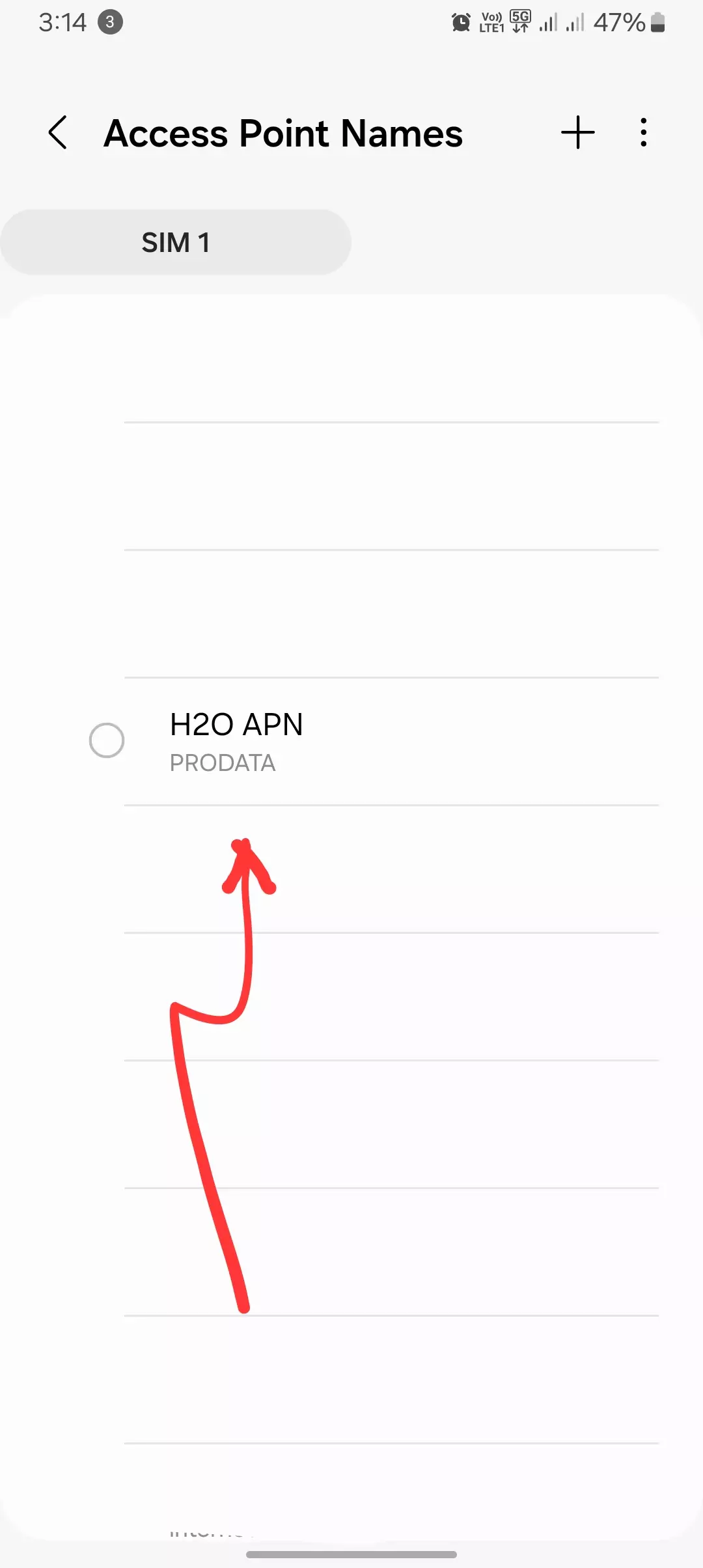 screenshot of the access point name menu from the android with h2o apn in the list