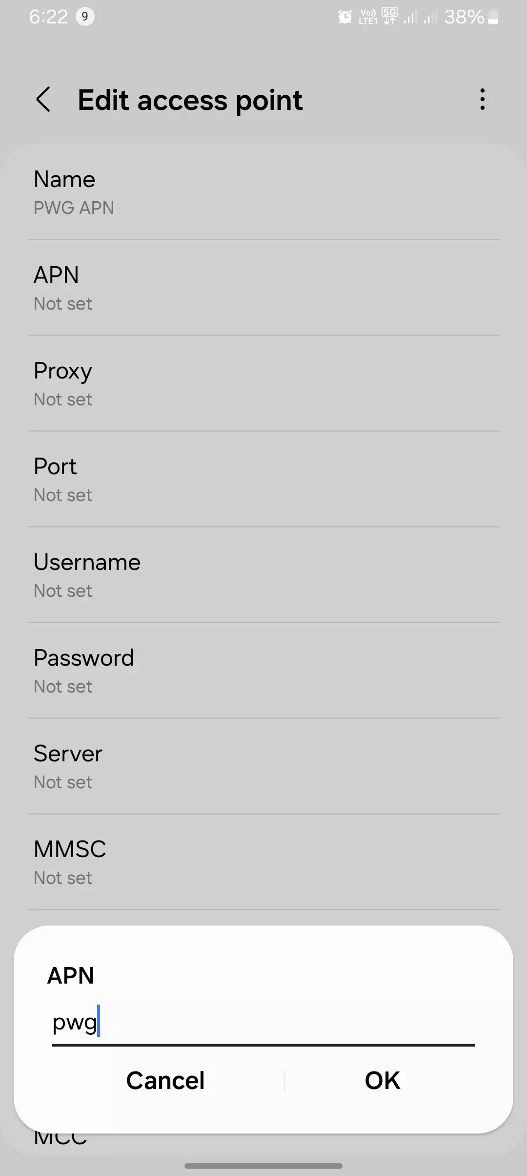 screenshot of android from edit access point adding a apn value into PWG