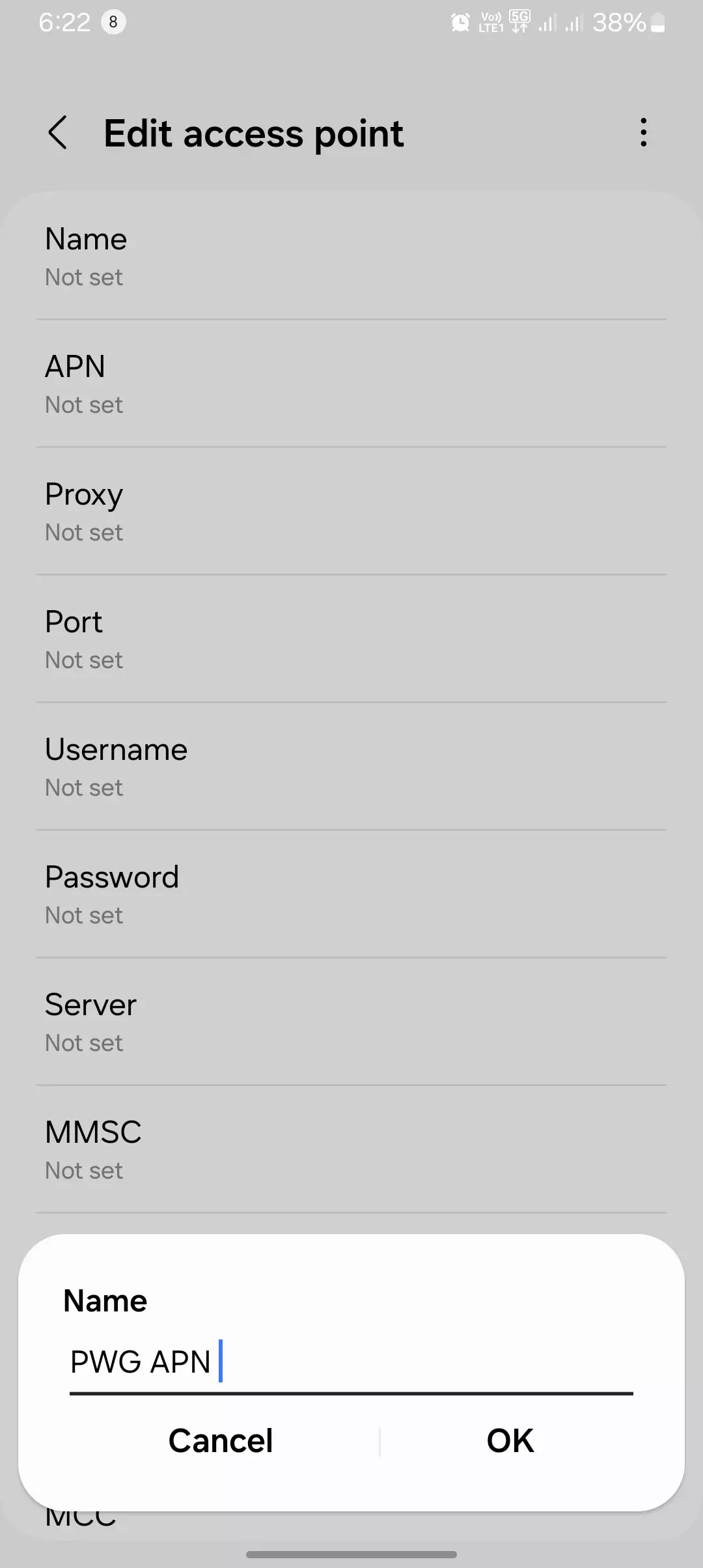 screenshot of naming the apn for the PWG