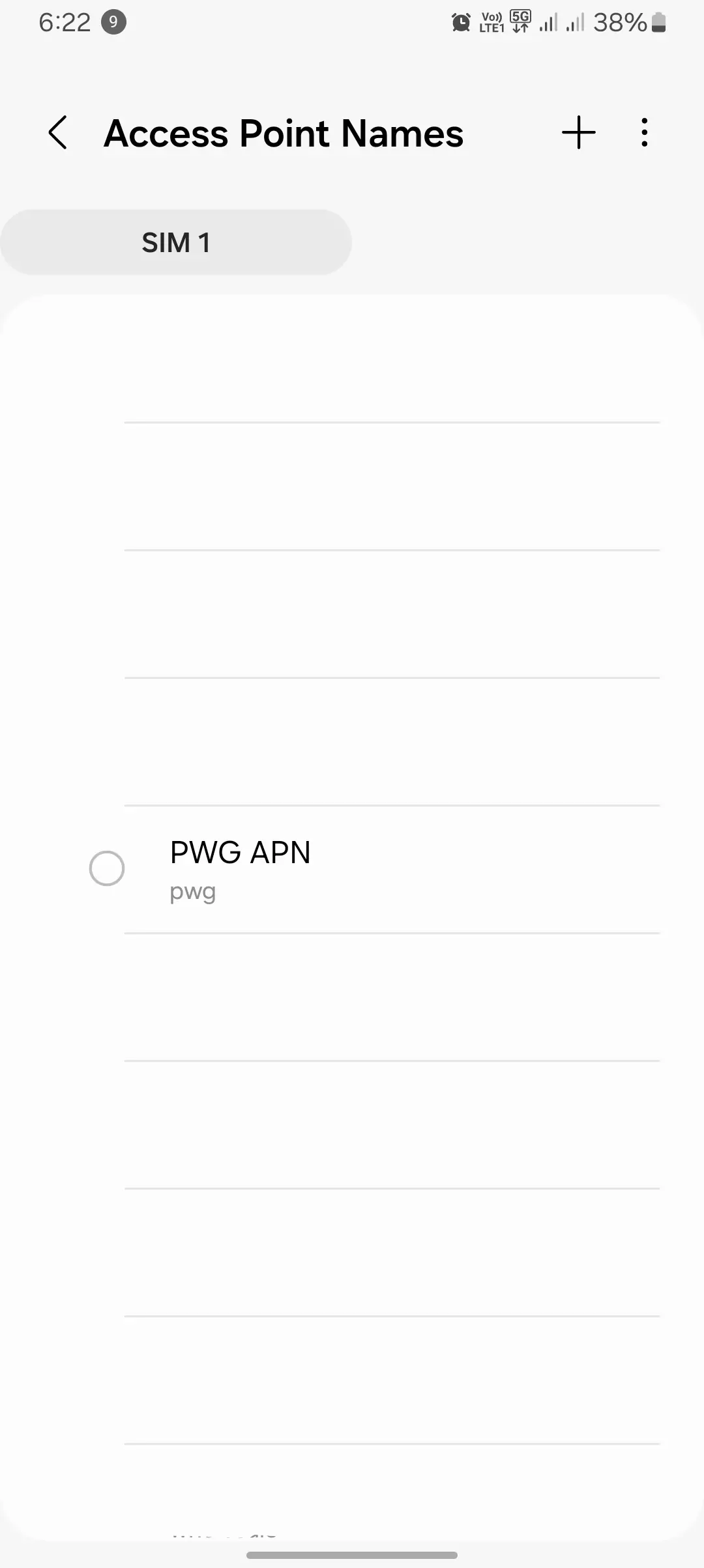 screenshot of the access point name menu from android with only PWG APN in the SIM 1
