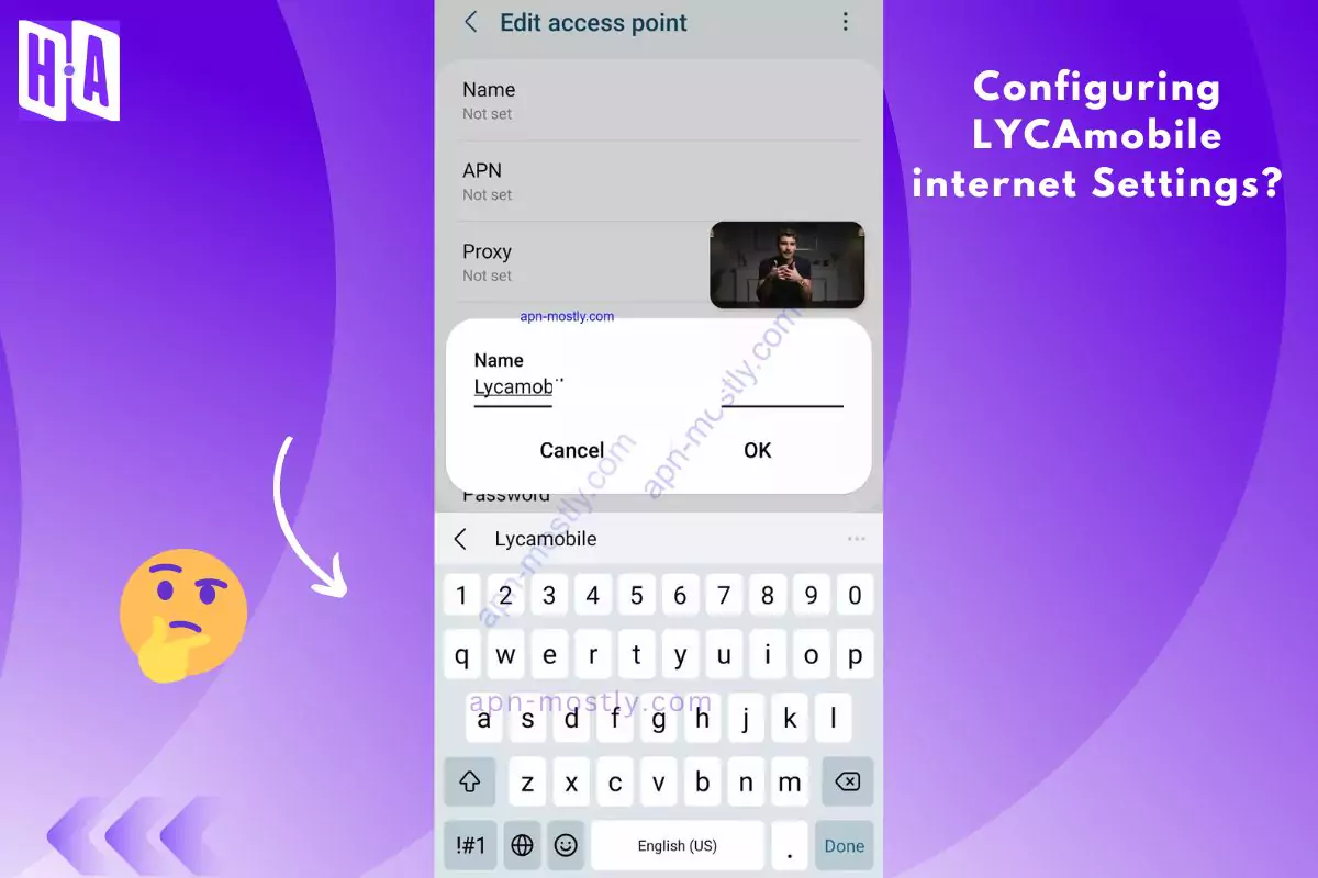 screenshot of configuring the lycamobile apn with same overlay text and emoji