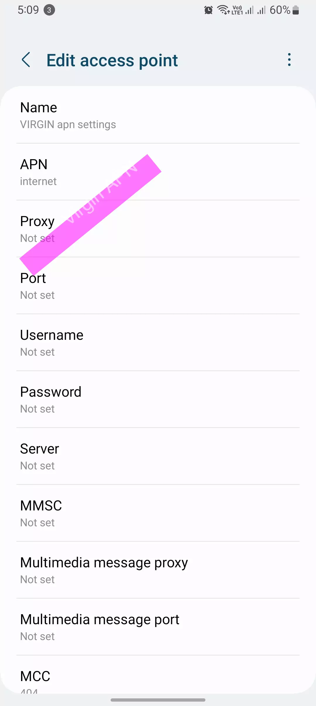 editing virgin apn setting screenshot