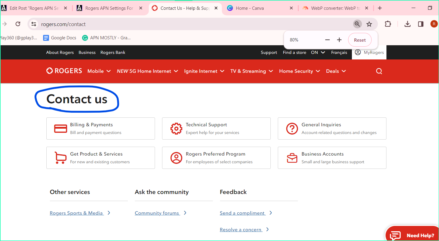 rogers contact us page screenshot