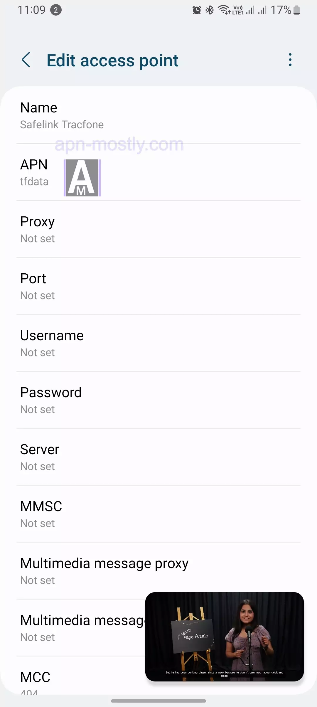 screenshot of editing tracfone apn