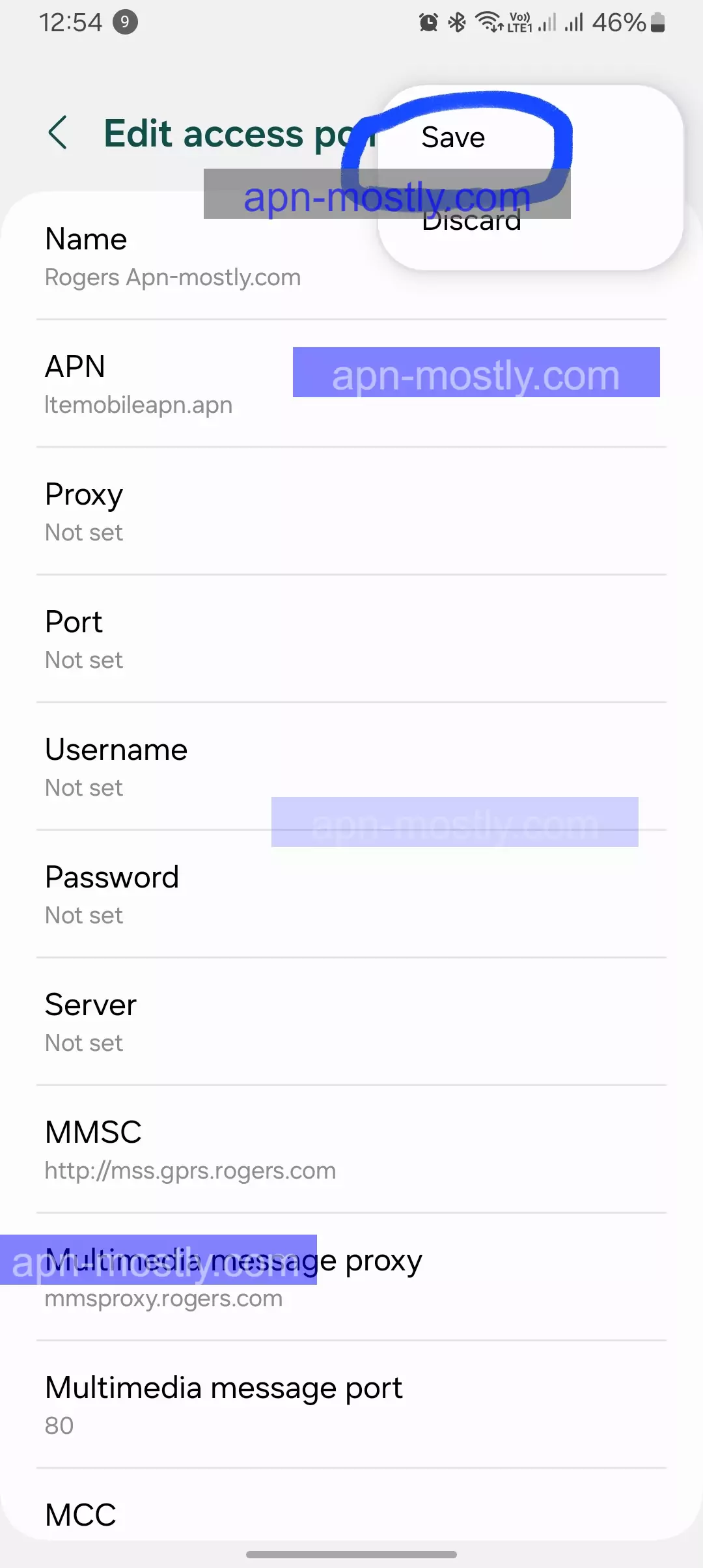 screenshot of saving the rogers apn