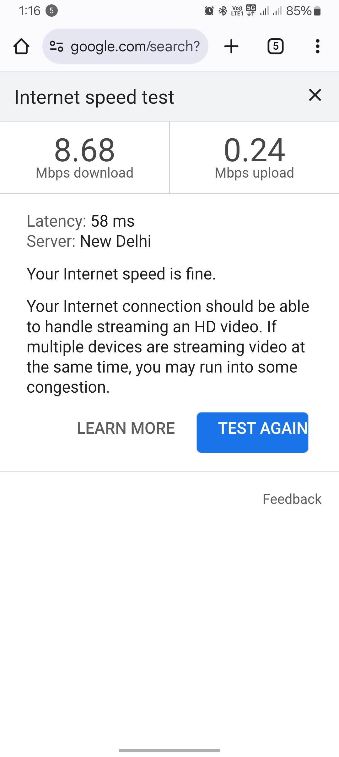 screenshot four of reapplying the airtel apn speed test results