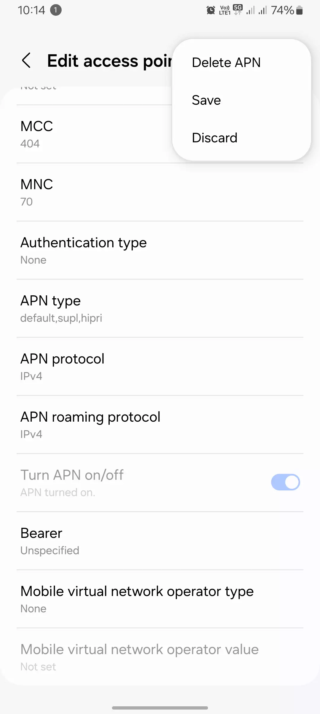 screenshot of the apn protocols set to the ipv4