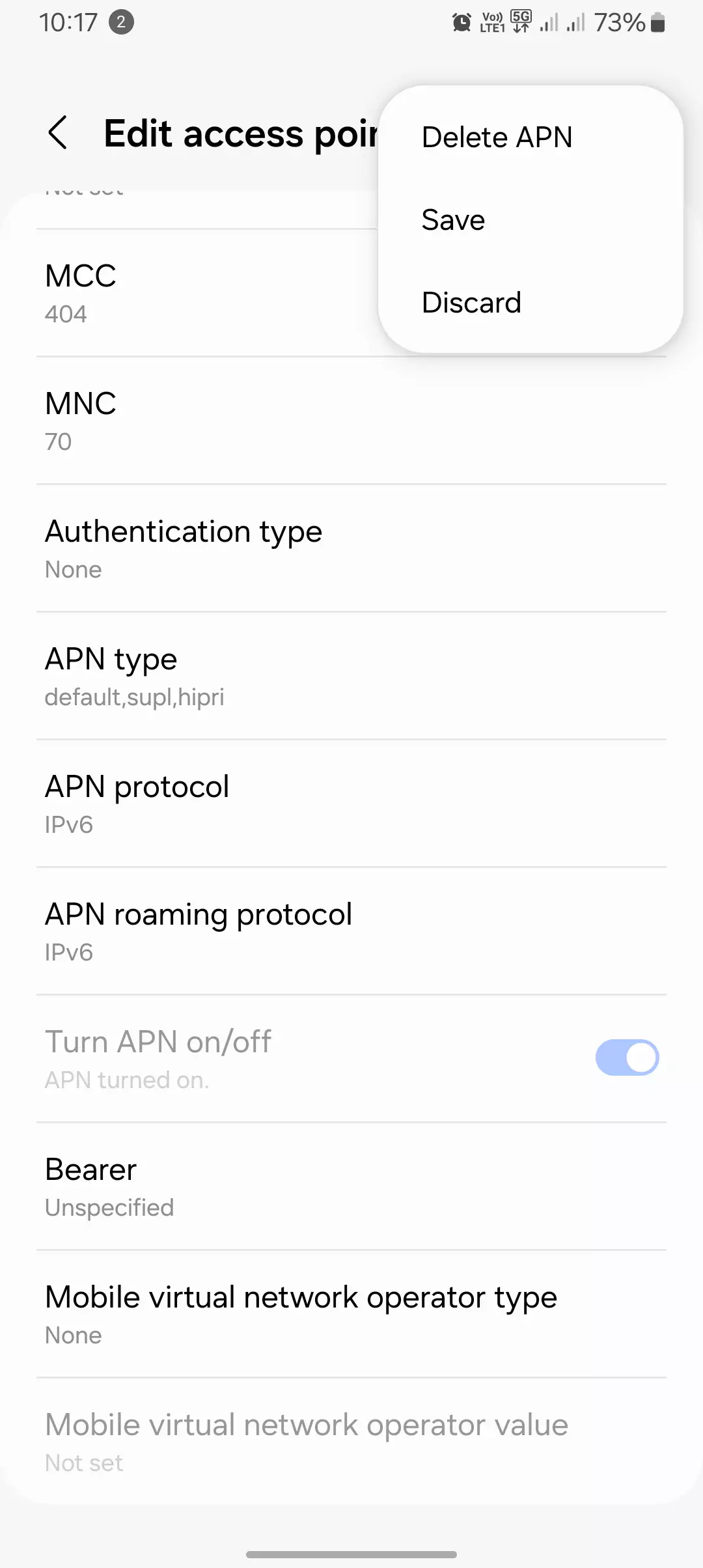 screenshot of the apn protocols set to the ipv6