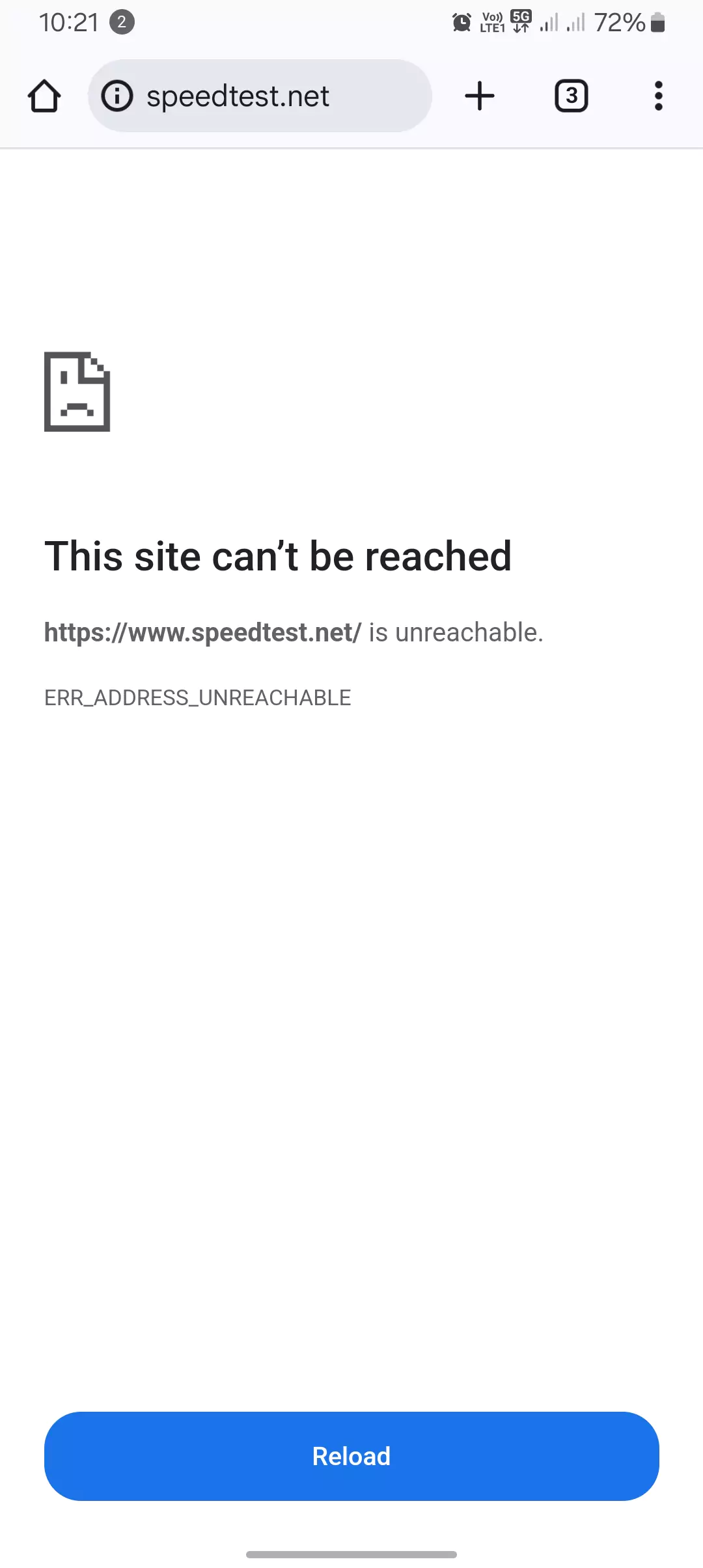 screenshot of the speedtest not opening with the apn protocl of ipv6