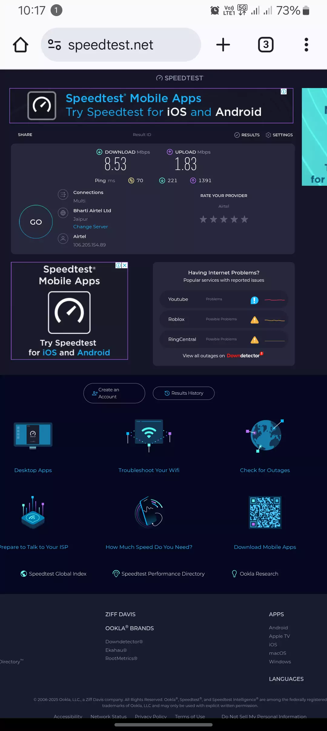 screenshot of the speedtest.net for the ipv4 from chrome desktop mode